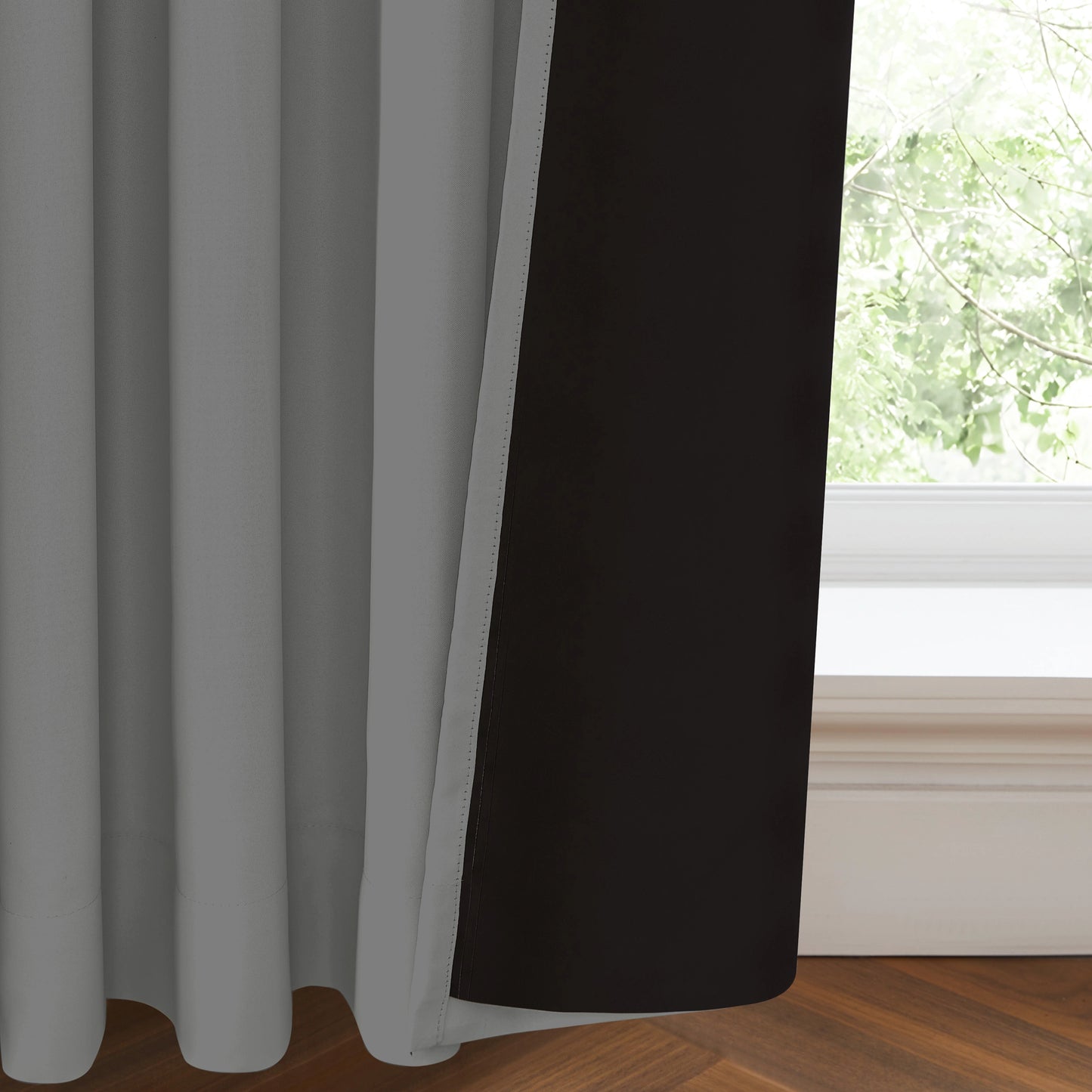 Double layer fire retardant slate gray drapes, blackout curtains with lining for extra privacy and insulation