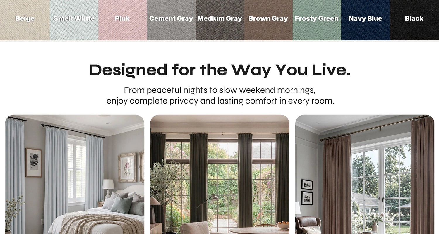 A website banner for privacy curtains showing a color selection header with various shades (Beige, Smokey White, Pink, Cement Gray, Brown Gray, Navy Blue, Black) and three lifestyle room photos demonstrating the curtains in use.