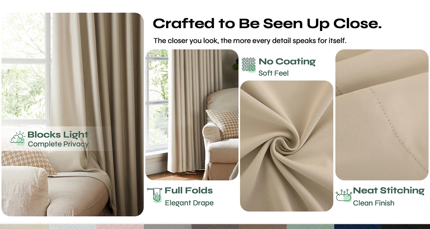 A promotional collage for beige curtains showing interior scenes with the curtains in use, a close-up of the fabric texture, and text callouts including 'Blocks Light', 'Full Folds', 'No Coating', and 'Neat Stitching'.
