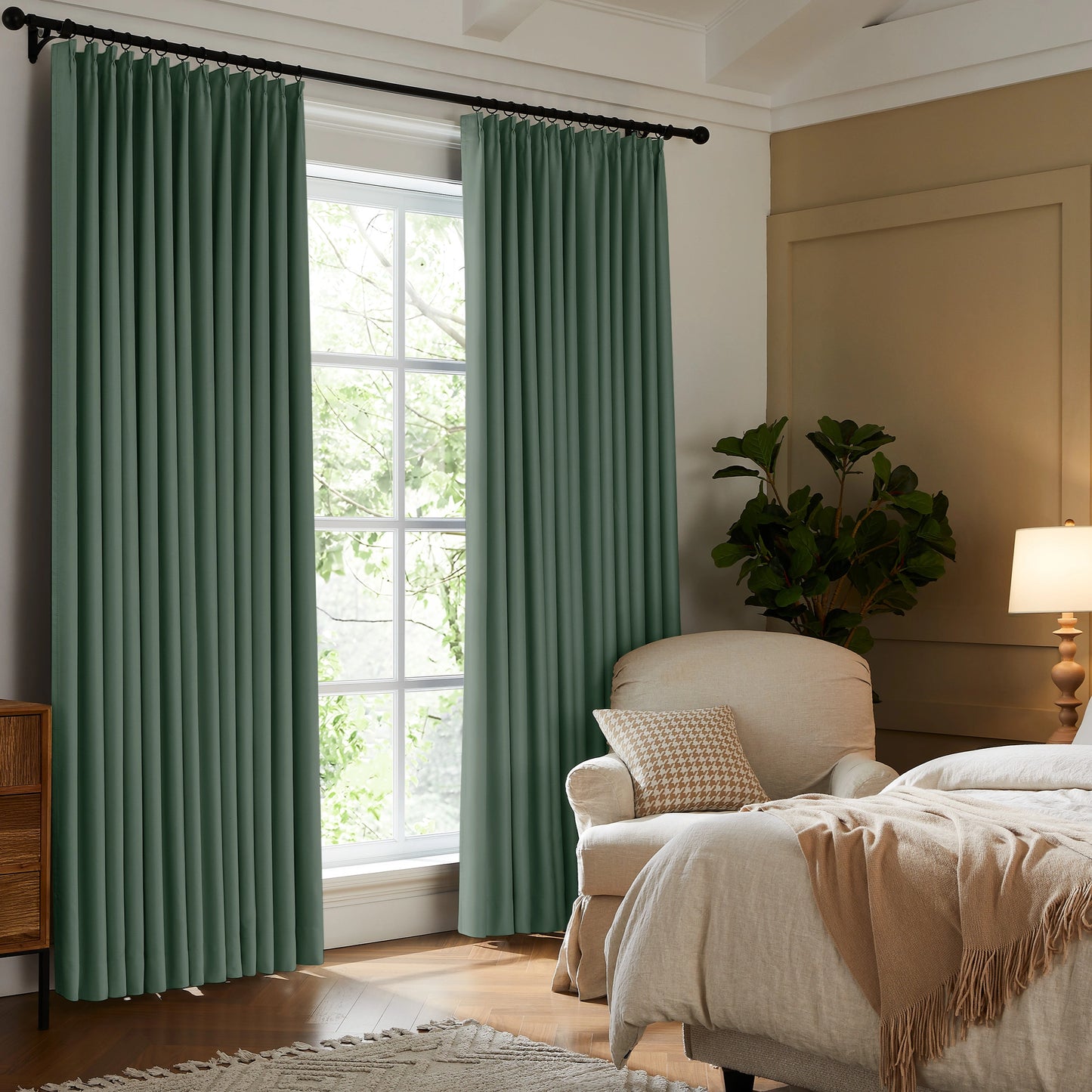 Fire retardant room darkening green drapes, elegant floor-to-ceiling window treatment for bedroom
