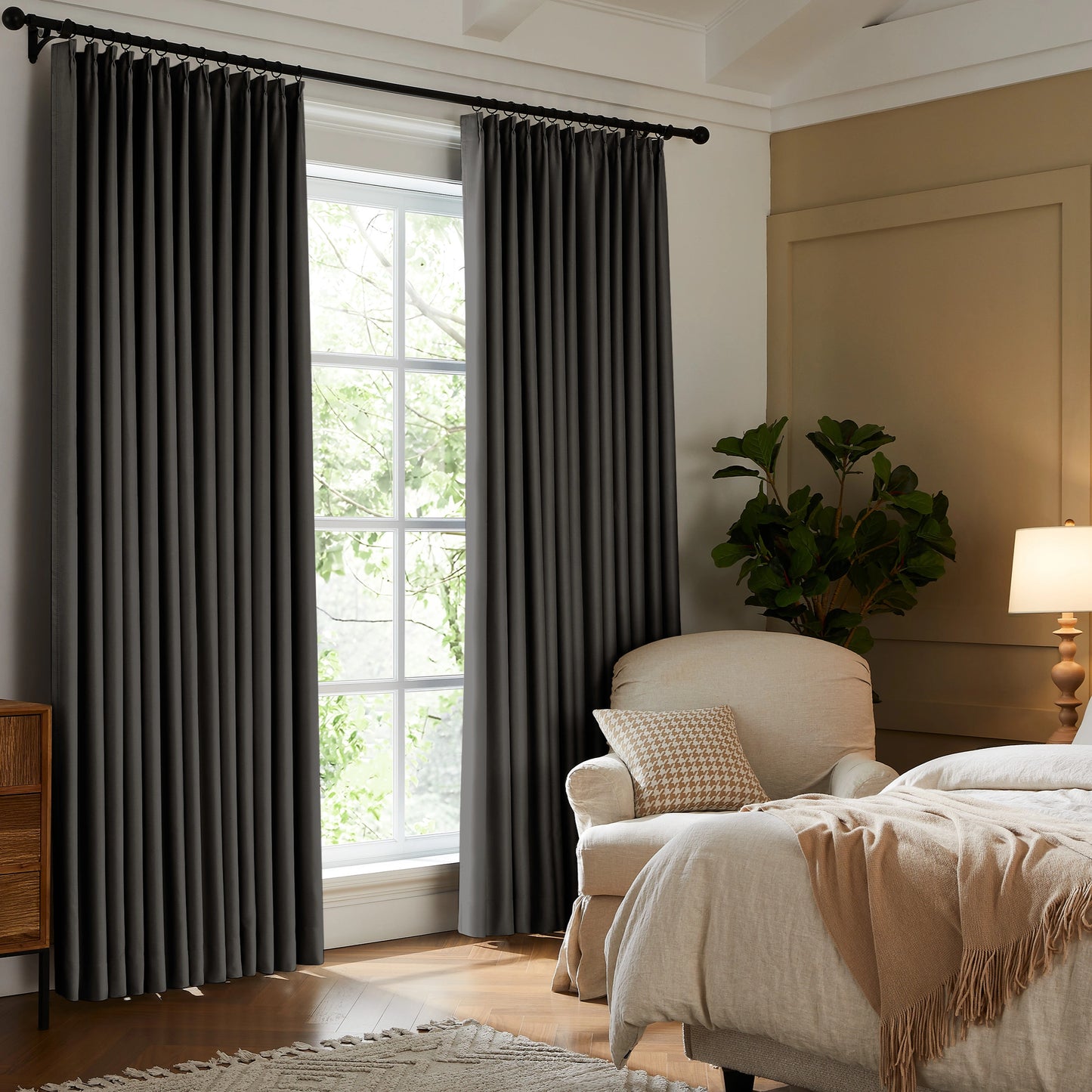 Fire retardant room darkening balanced gray drapes, elegant floor to ceiling window treatment for bedroom