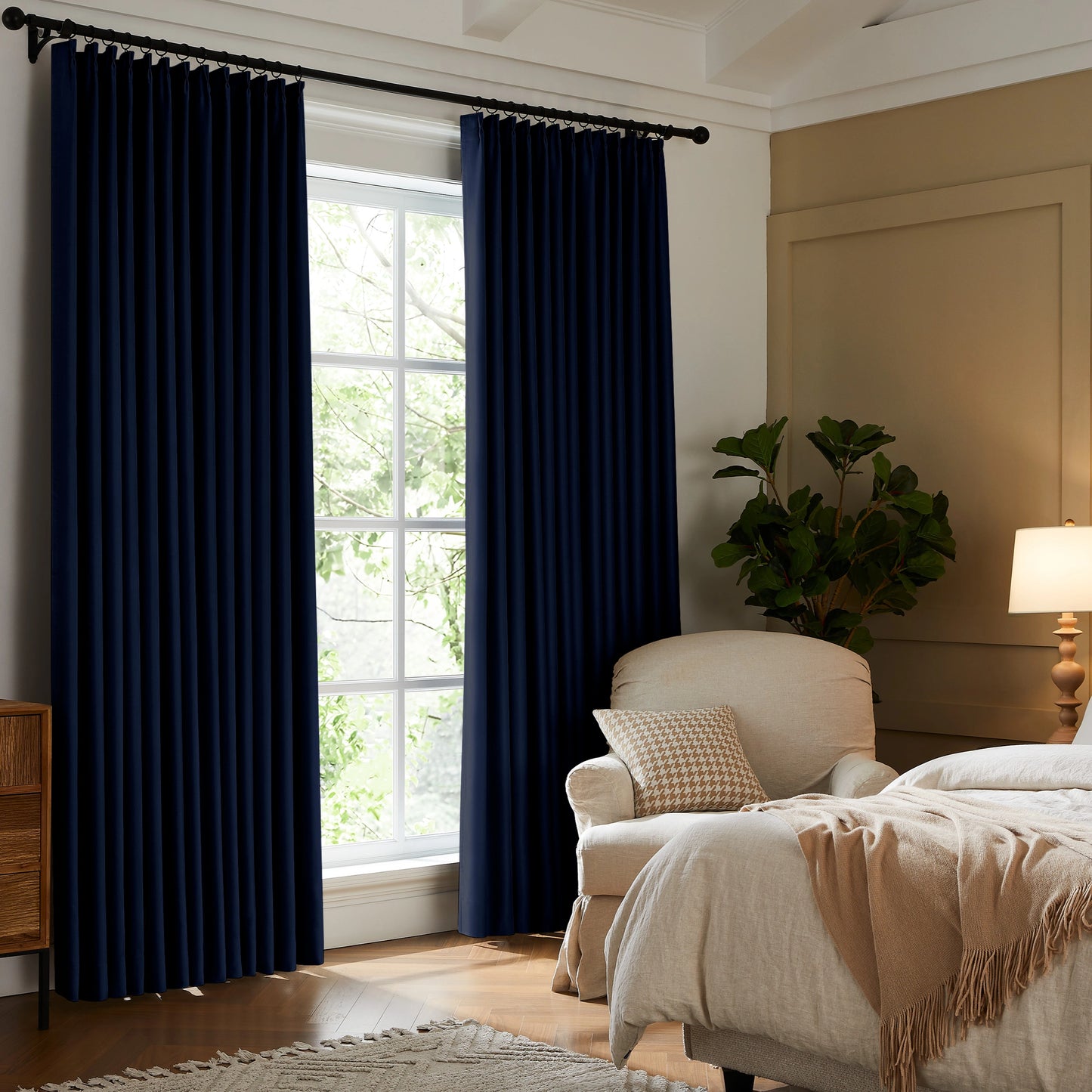 Fire retardant room darkening midnight blue drapes, elegant floor to ceiling window treatment for bedroom