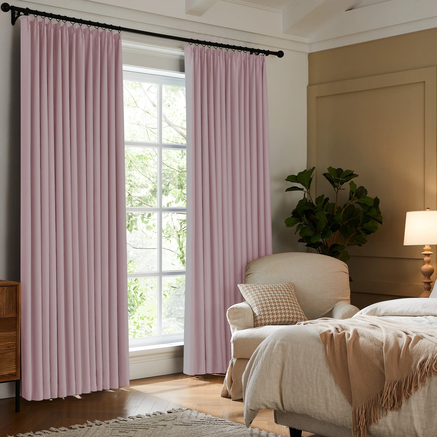 Fire retardant room darkening blush blush drapes, elegant floor to ceiling window treatment for bedroom