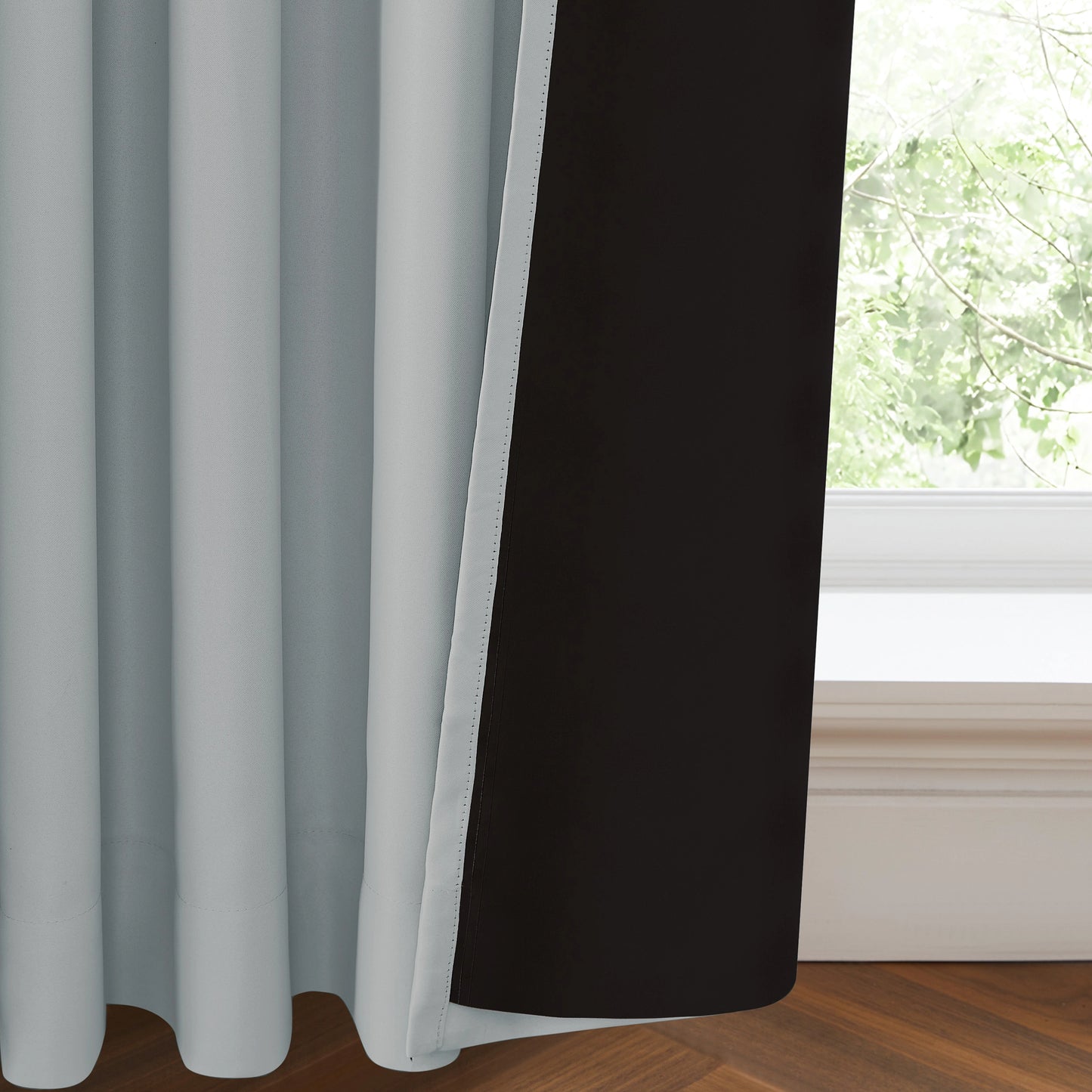 Double layer fire retardant crisp mist white drapes, blackout curtains with lining for extra privacy and insulation