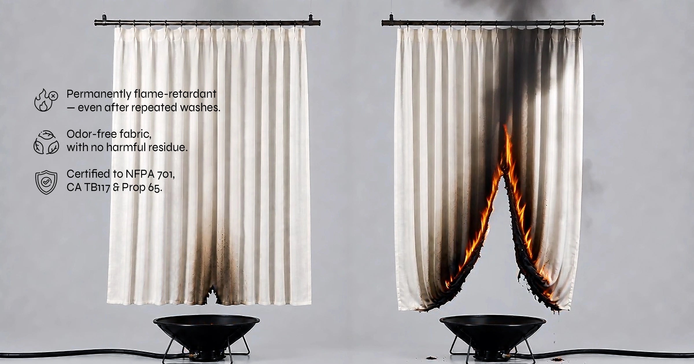 Load video: Burn test comparing BGment flame-retardant linen-look curtain fabric with regular fabric, demonstrating self-extinguishing fire-resistant performance.
