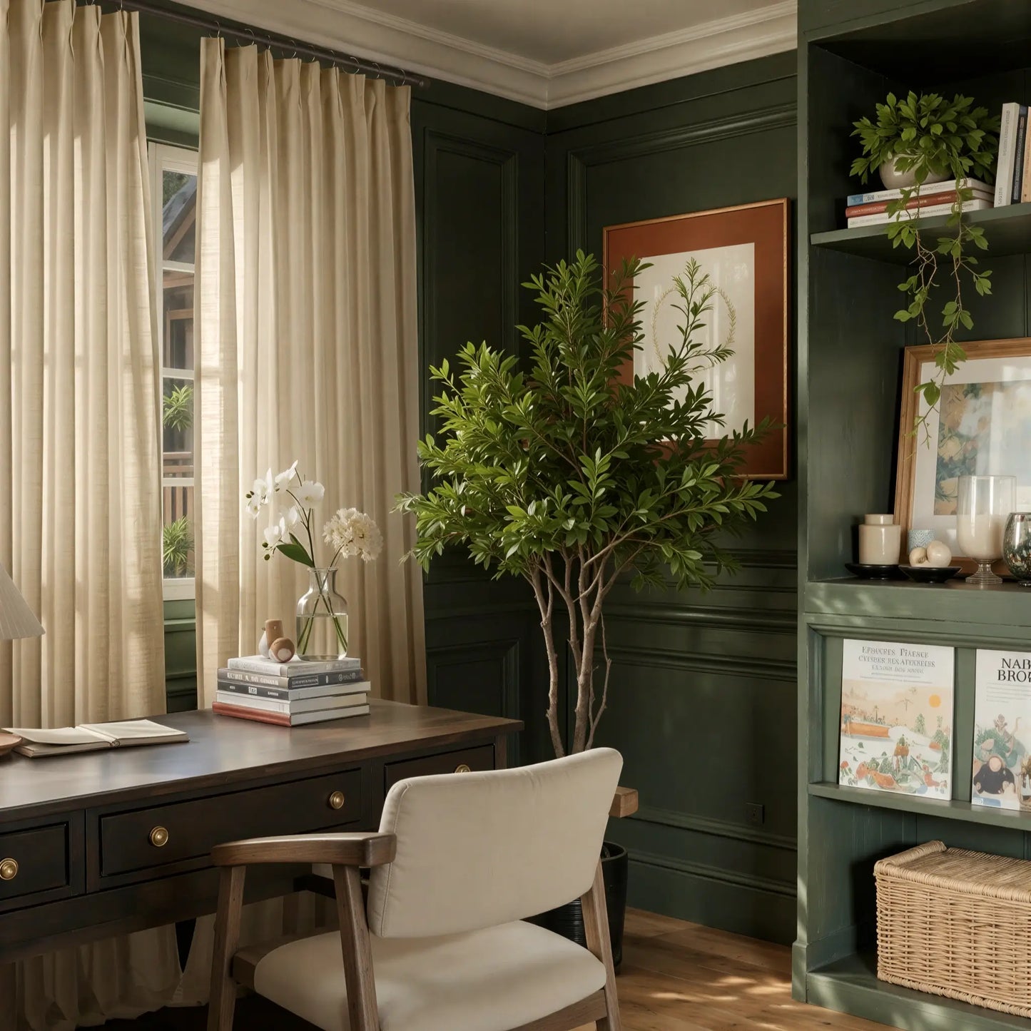 Home office with flaxen flame retardant  slub curtains a desk, chair, and bookshelf.