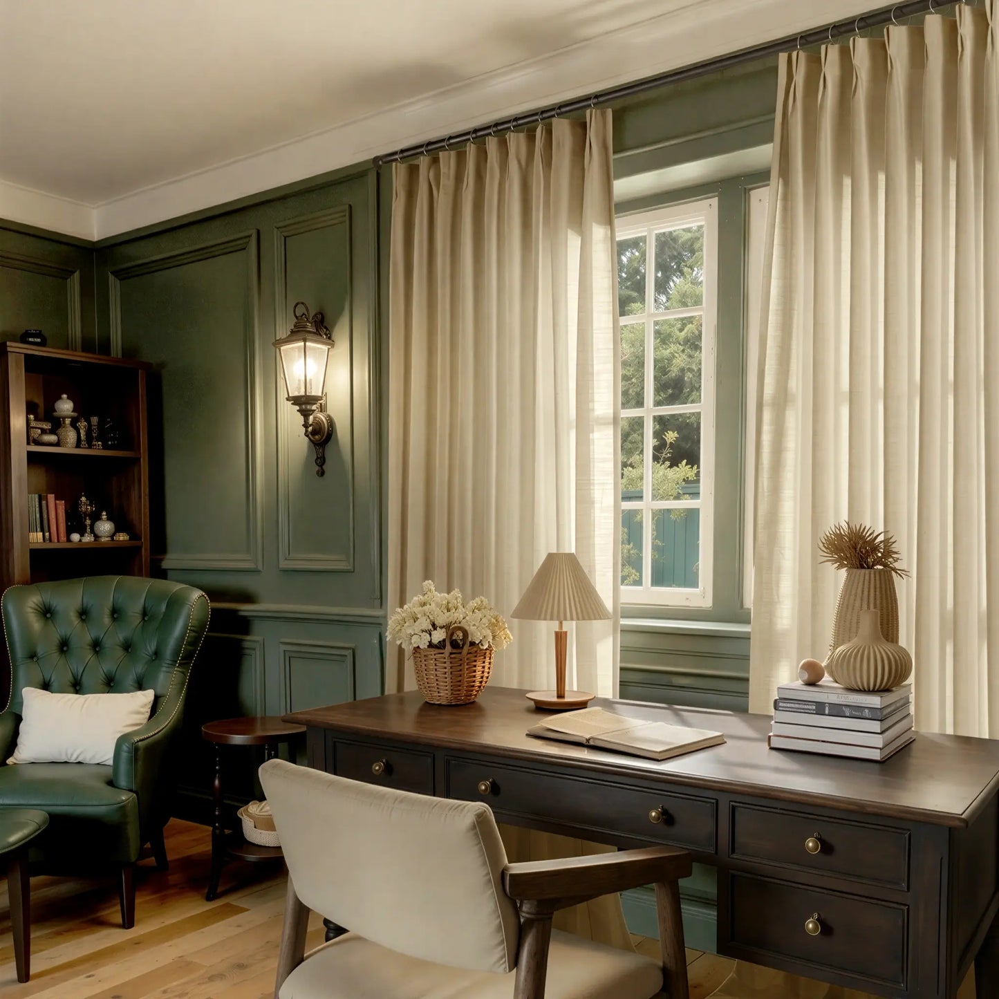 Home office with a desk, chair, and armchair in a room with large windows,blonde fame-retardant curtains and green walls.