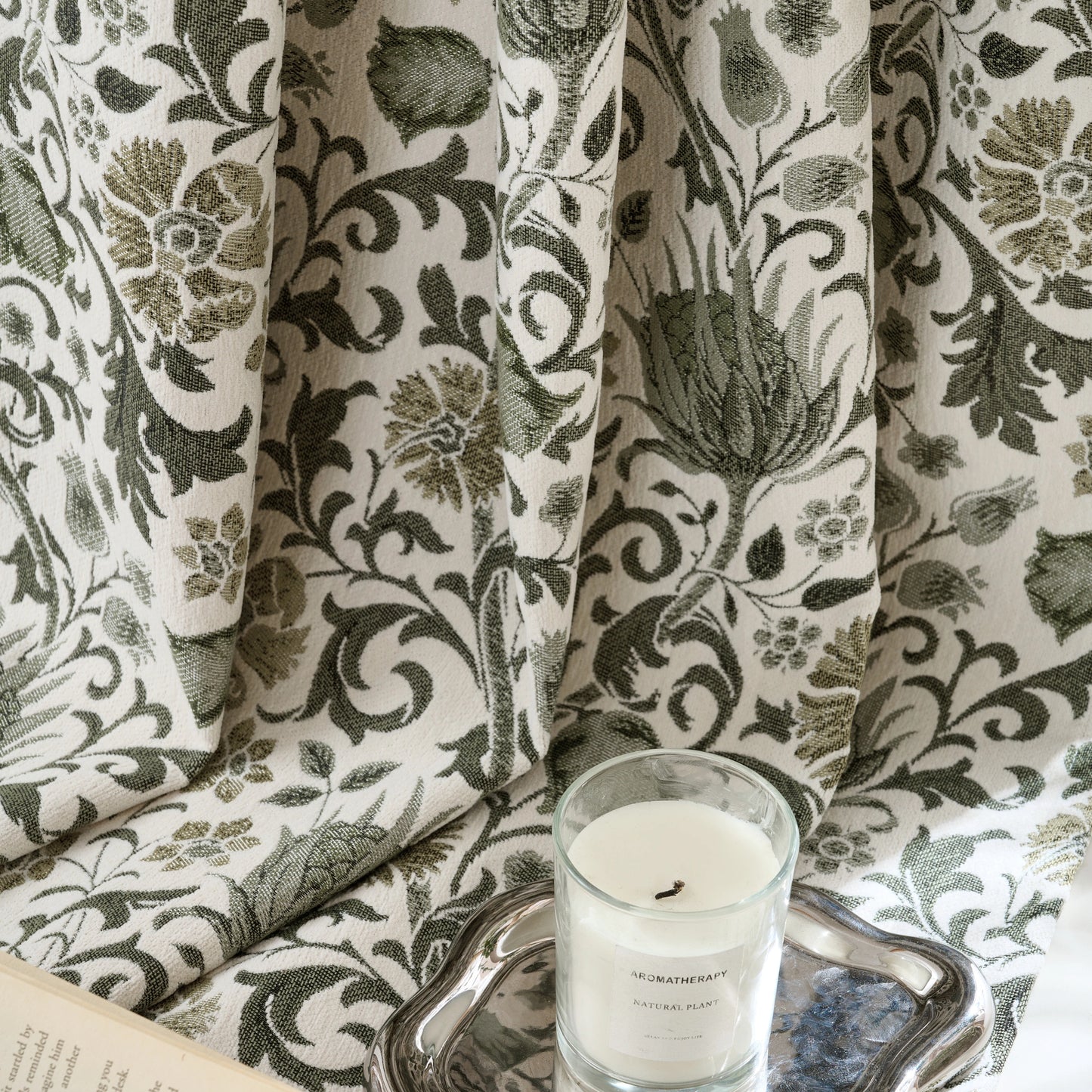 Elowen Olive Mocha Botanical Weave Floral Curtains