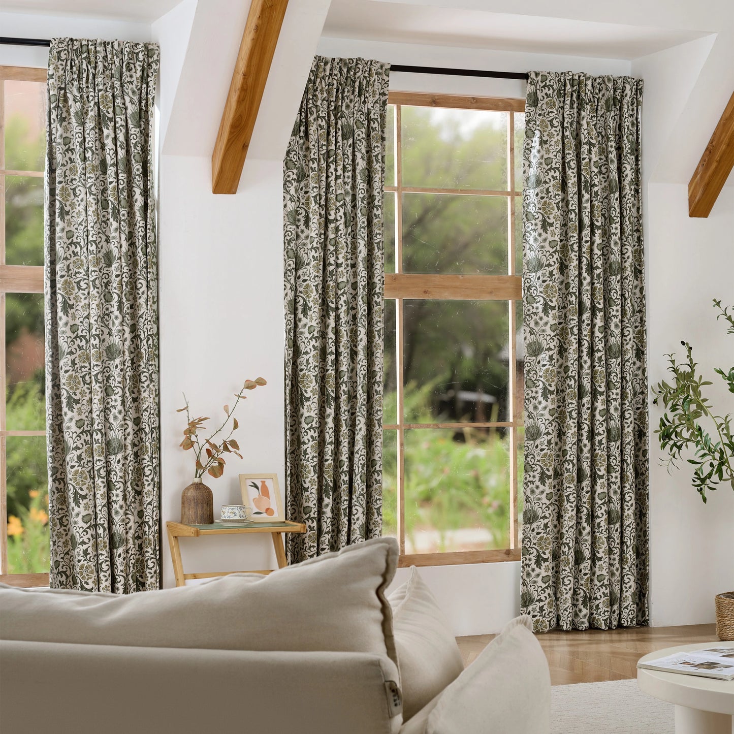 Elowen Olive Mocha Botanical Weave Floral Curtains