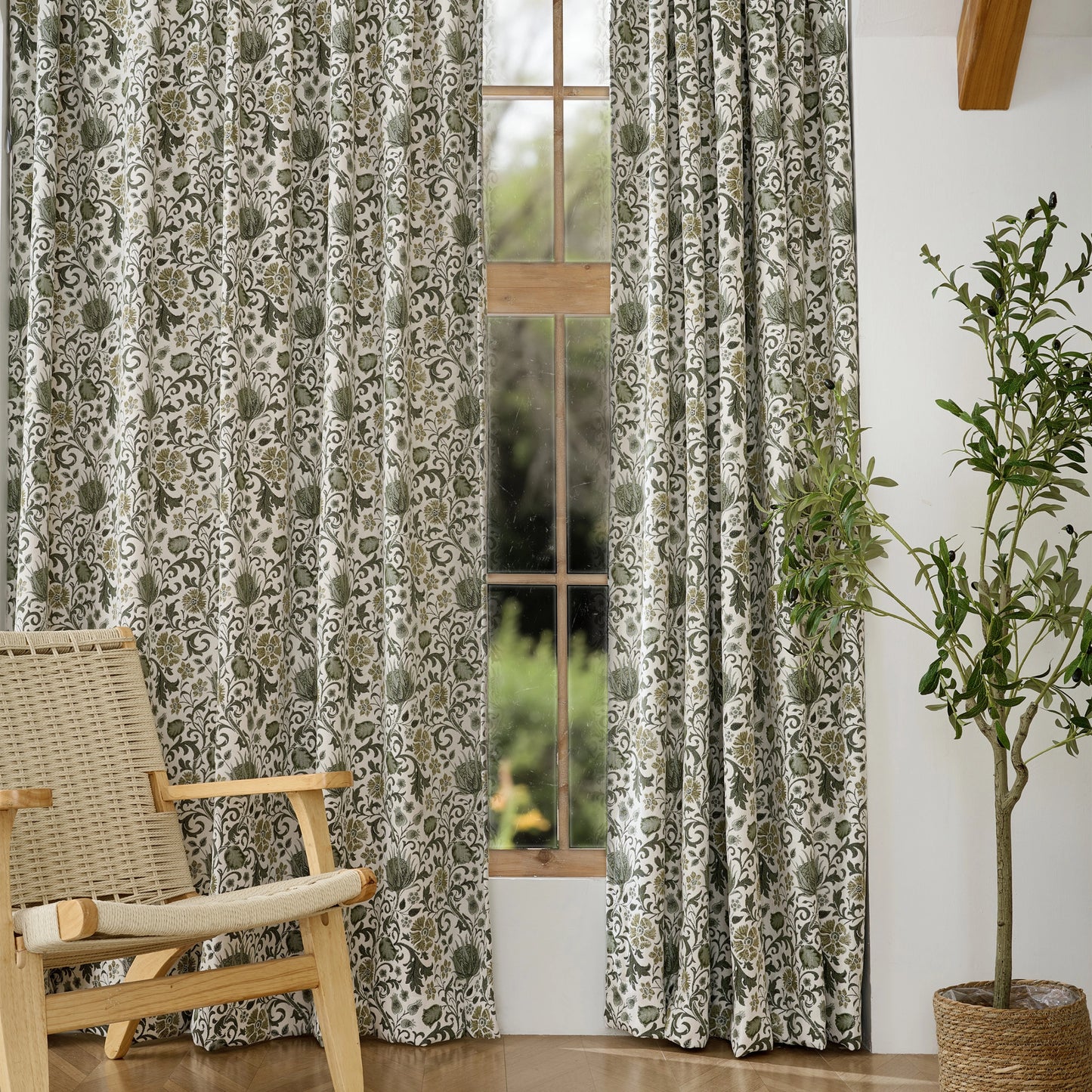 Elowen Olive Mocha Botanical Weave Floral Curtains