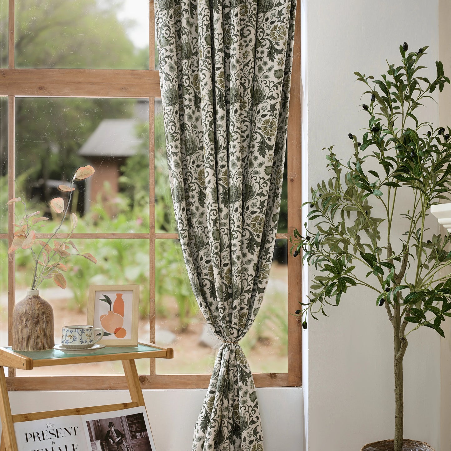 Elowen Olive Mocha Botanical Weave Floral Curtains