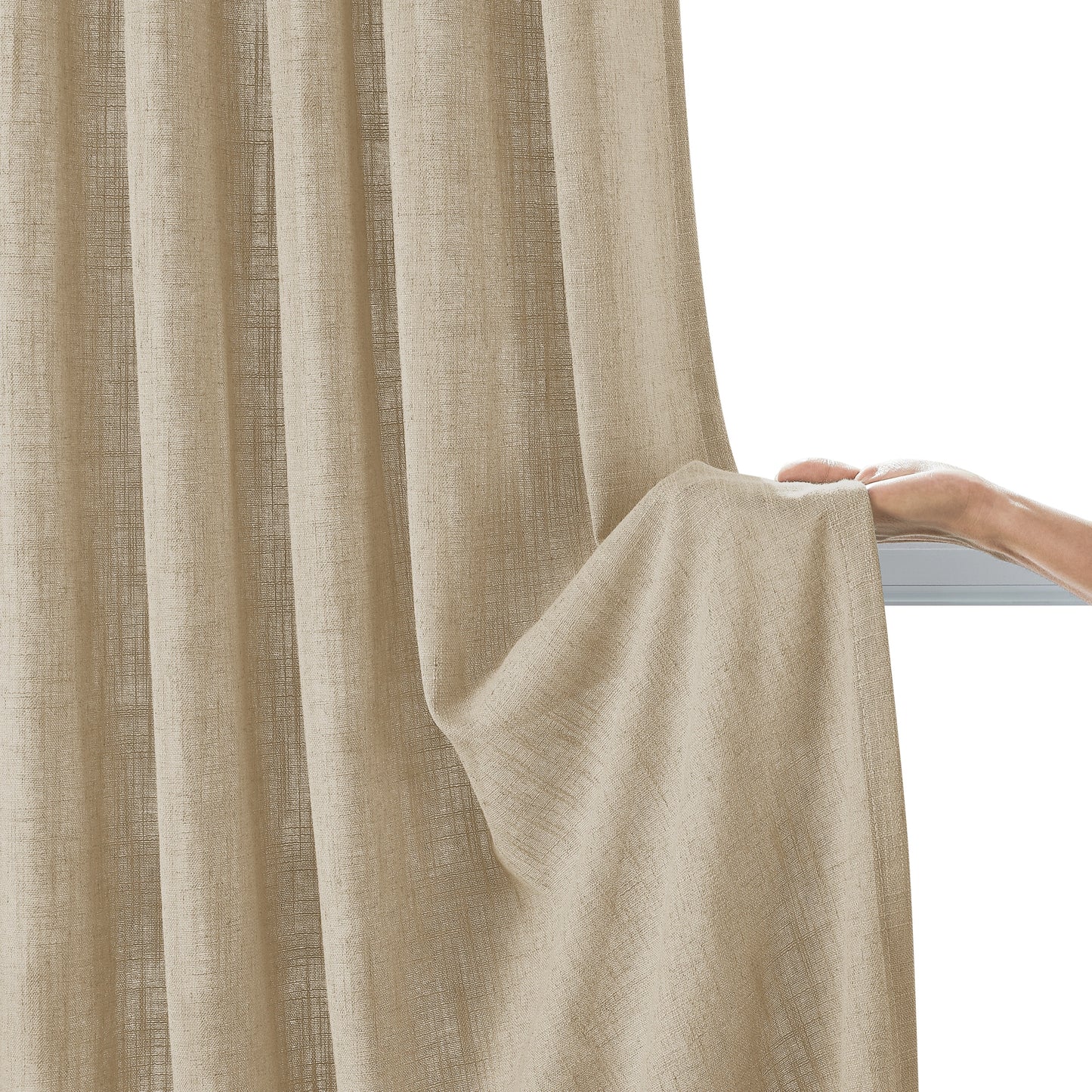 Soft khaki linen-polyester fabric window panel held by hand on a neutral background.