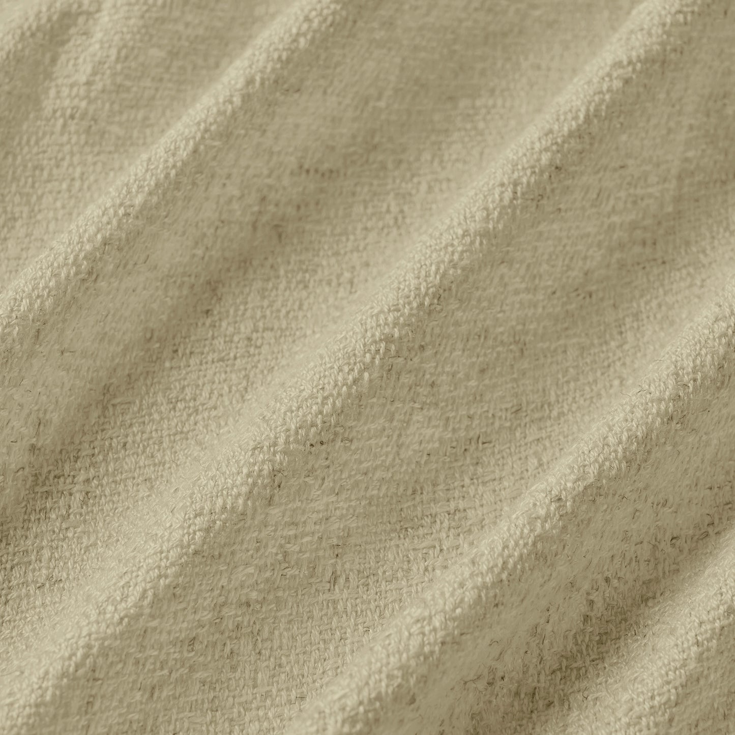 Light khaki curtain detail in viscose-polyester-linen blend with soft, natural woven texture, ideal for curtains or décor.