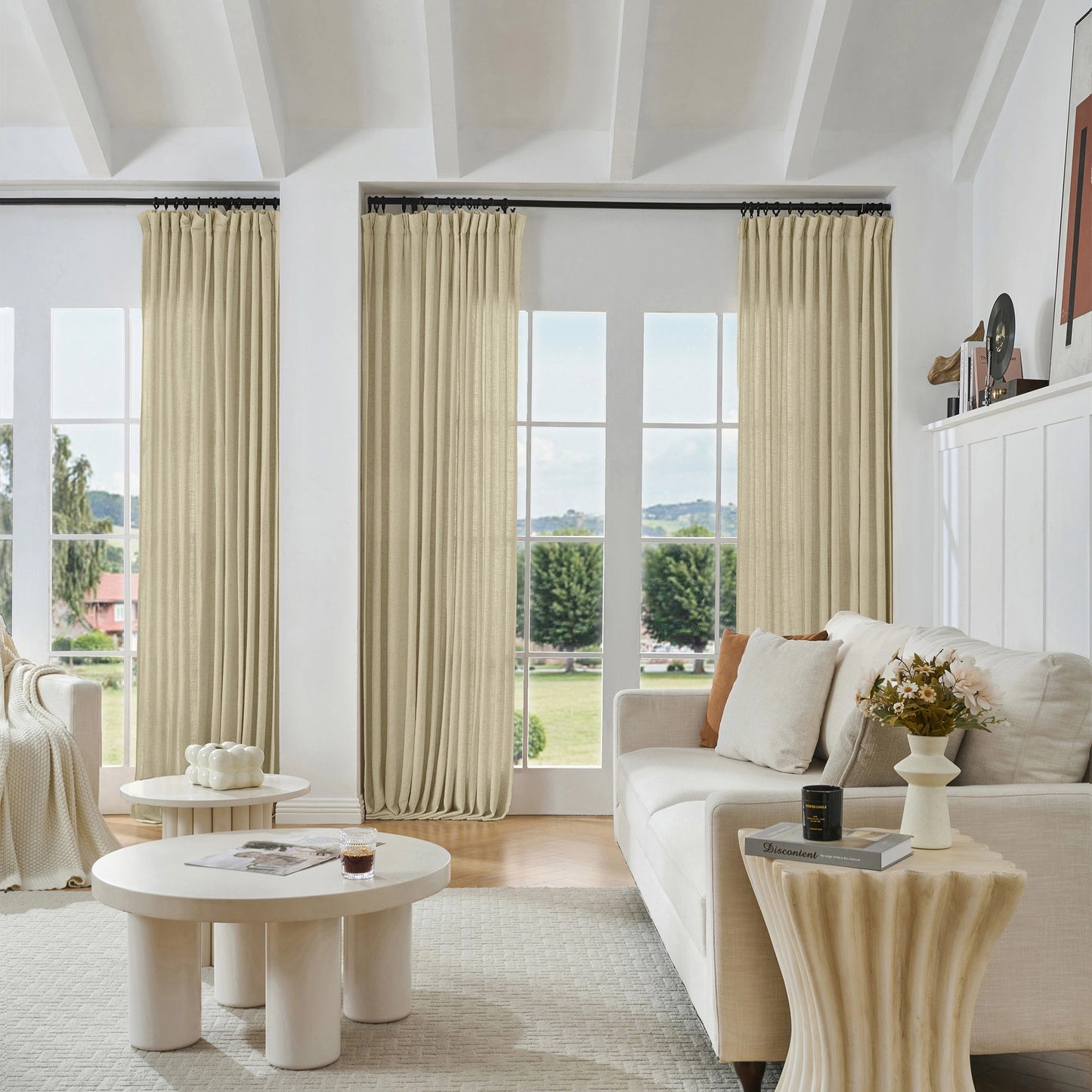 Modern living room with warm khaki viscose, polyester, and linen mixed fabric, a white sofa, and decorative accents.