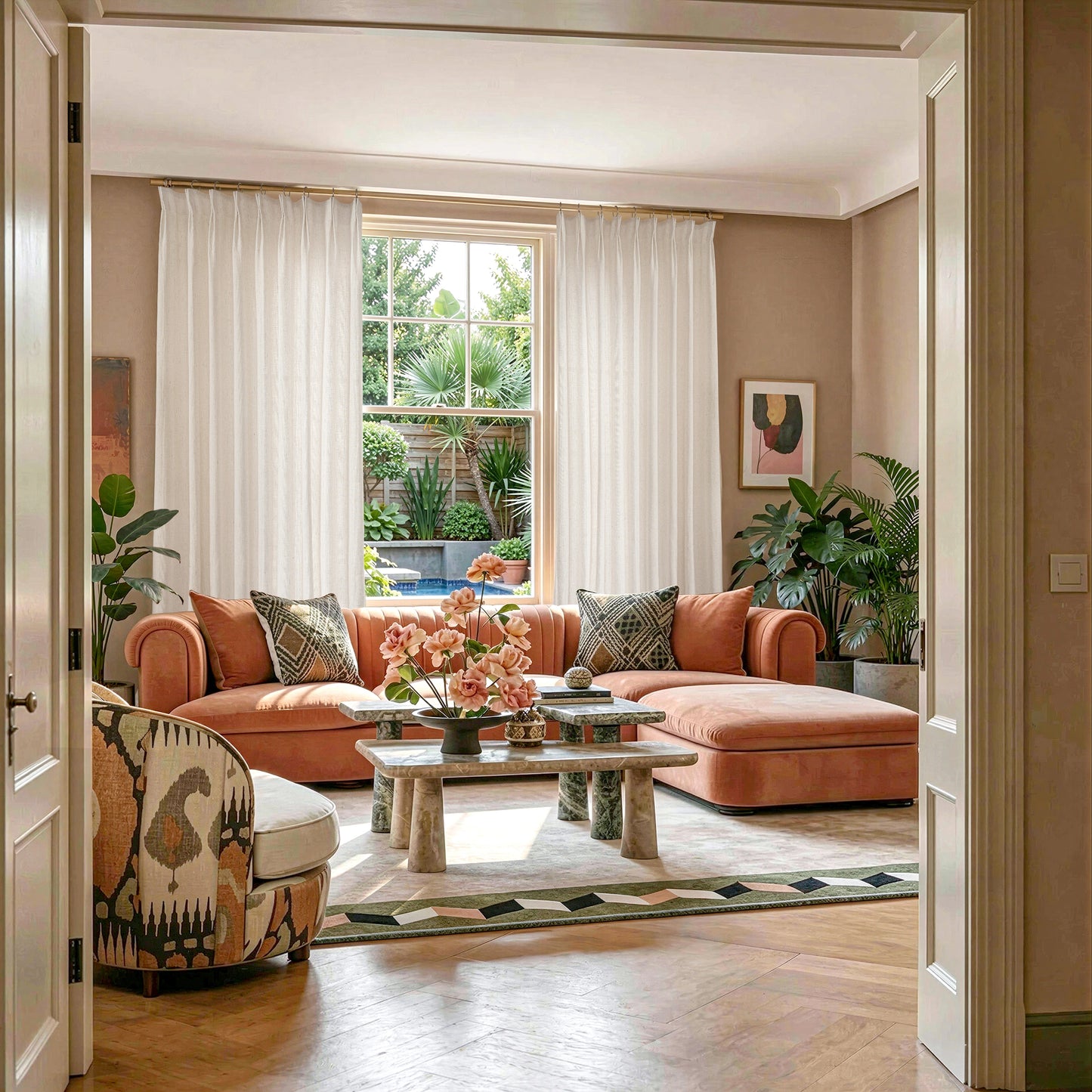 Light filtering linen curtains in a warm living room with soft natural sunlight and an airy relaxed atmosphere