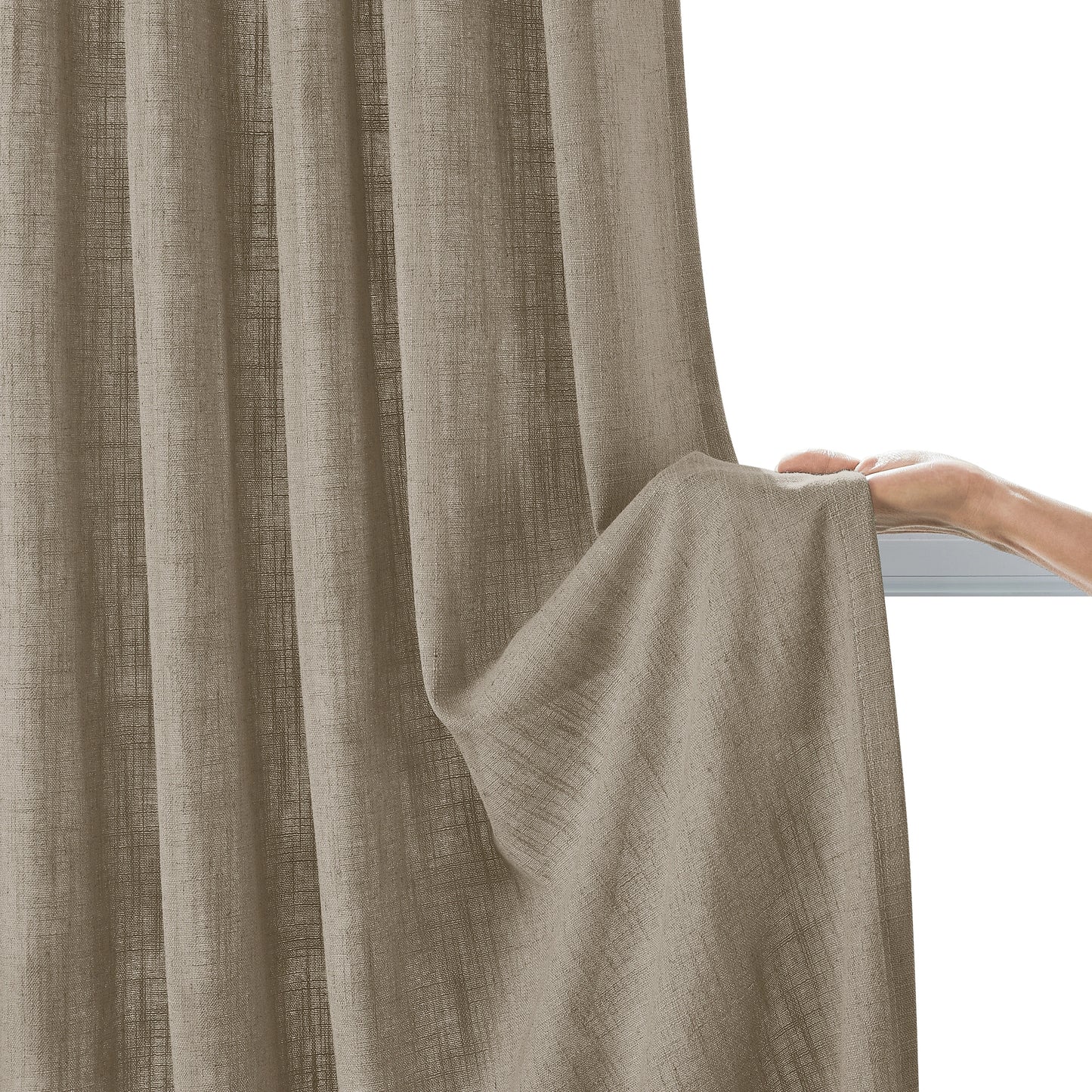 Soft camel linen-polyester fabric window panel held by hand on a neutral background.