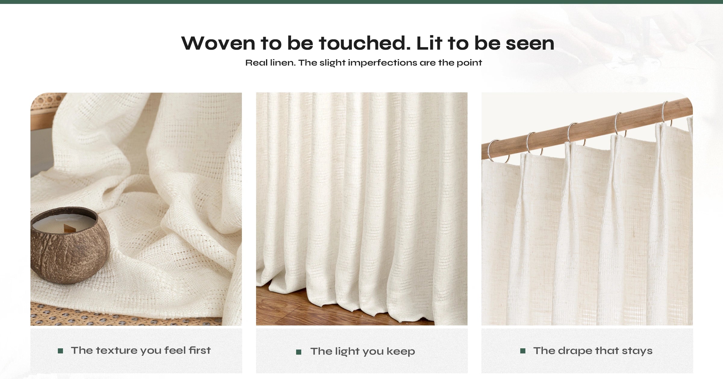 Close-up of linen curtain fabric highlighting natural texture, soft folds, and breathable weave for a tactile, organic feel.