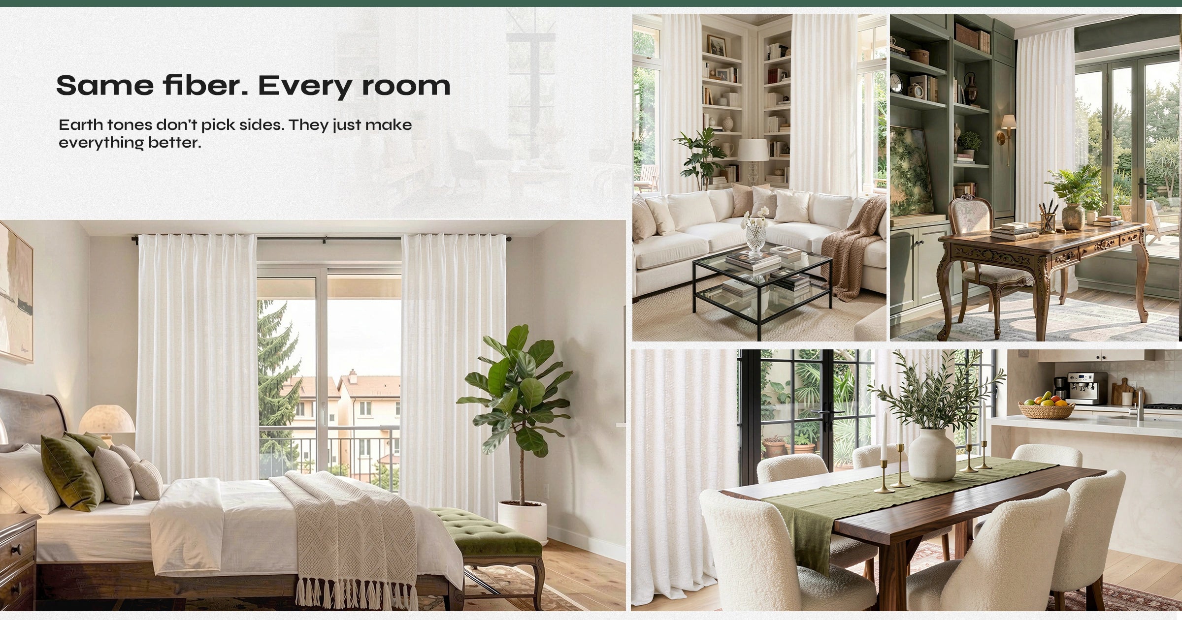 Linen curtains styled across bedroom, living room, and dining spaces, blending seamlessly with modern and natural interiors.