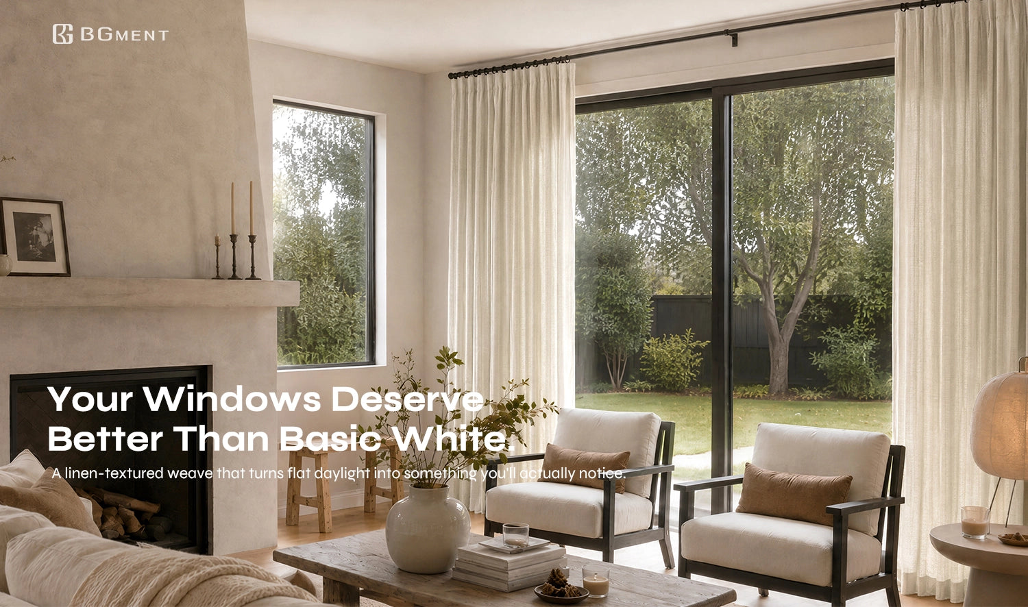 A styled interior living room with large black-framed sliding glass doors and tall white curtains, showing a garden outside. Text on the left reads, 'Your Windows Deserve Better Than Basic-White.