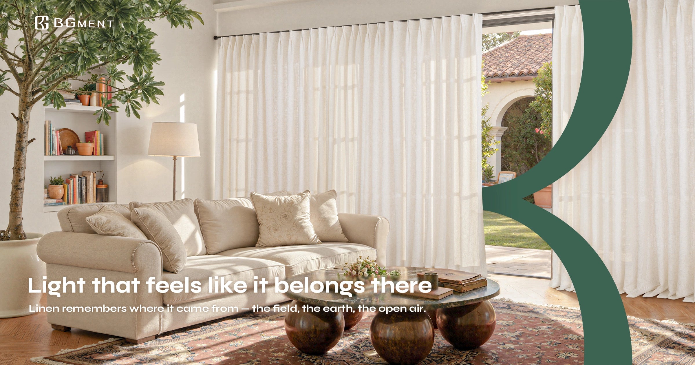 Light-filtering linen sheer curtains in a sunlit living room, creating a soft natural ambiance with breathable texture and relaxed drape.