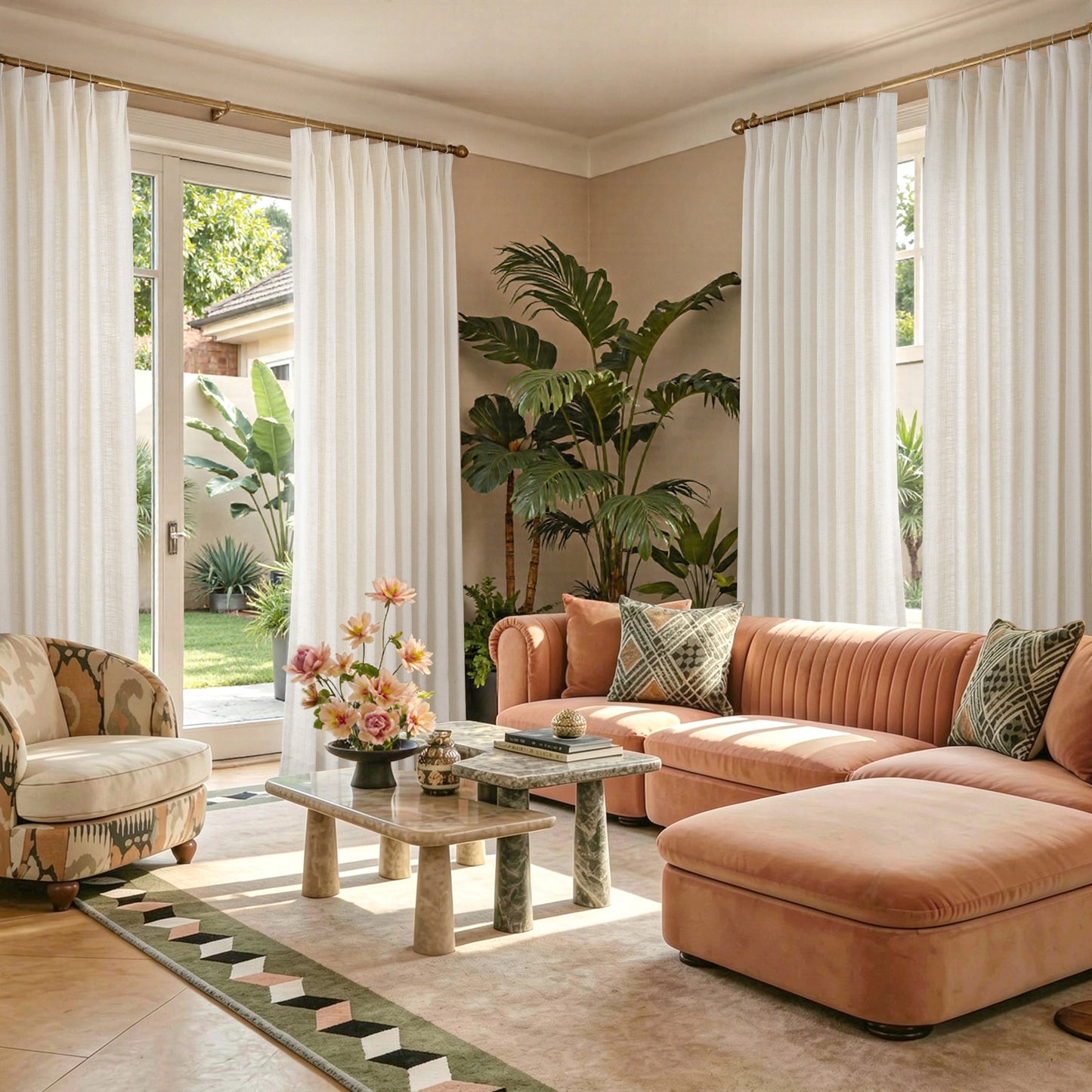 Minimal linen curtains in a bright living room with a clean and soft natural aesthetic