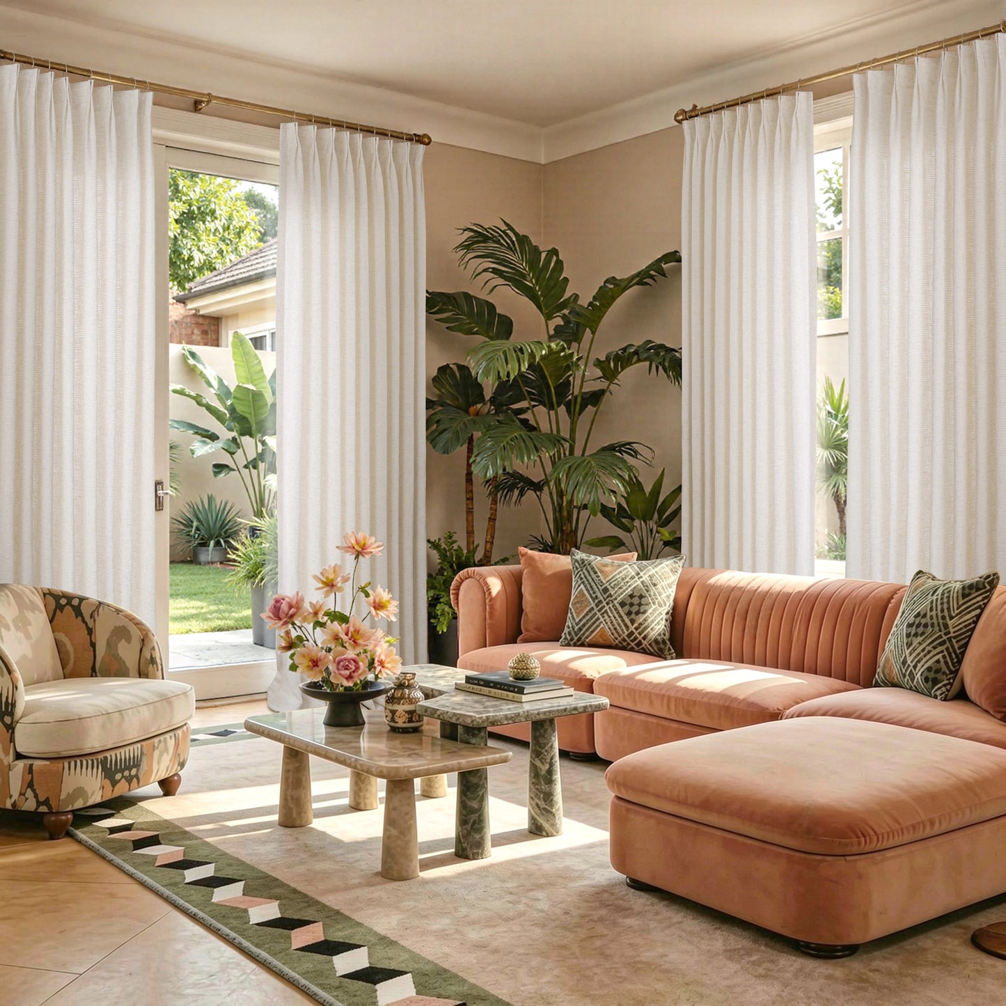 Open weave linen curtains in a bright living room offering a breathable and airy natural look