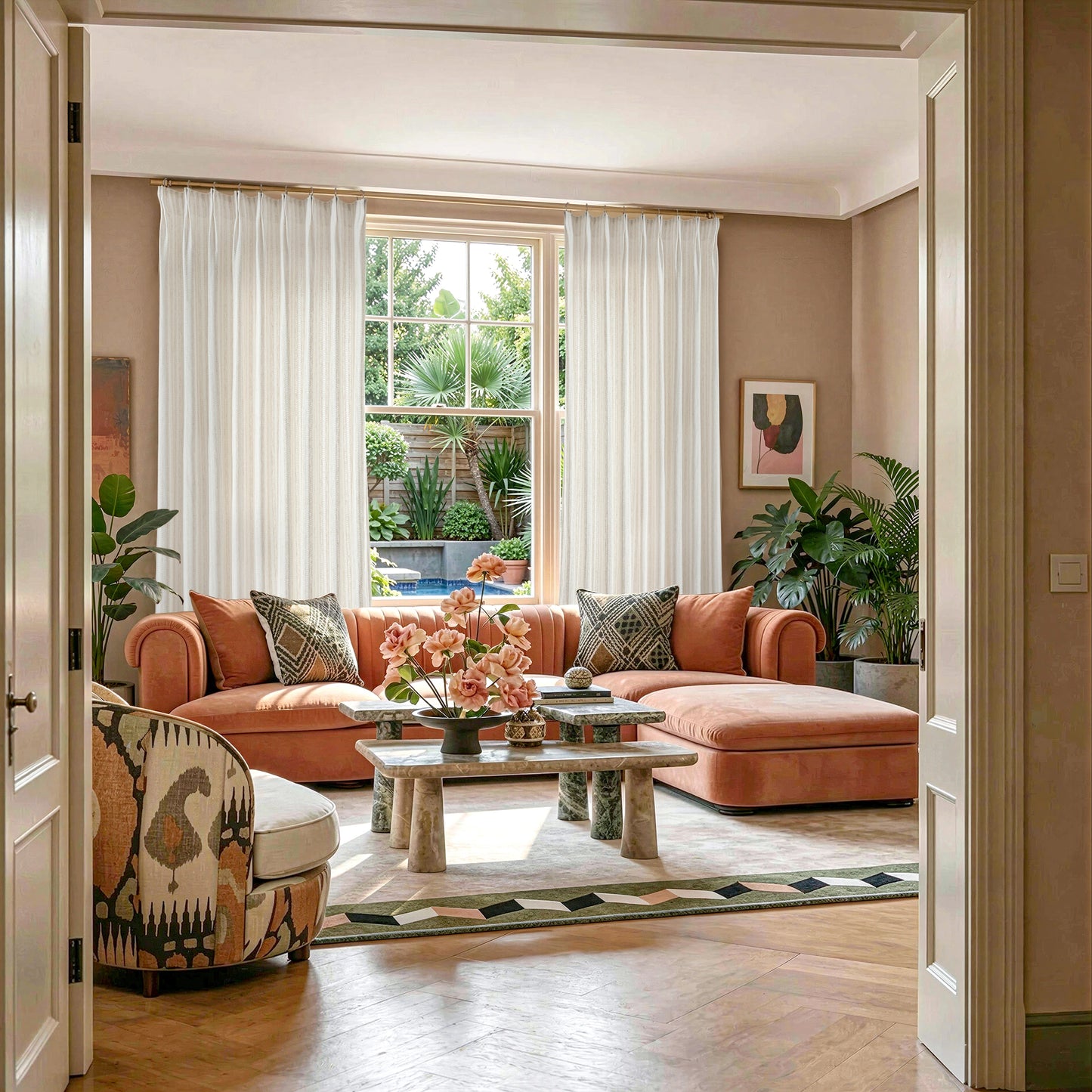 Organic linen curtains viewed through a doorway framing a bright and inviting living space
