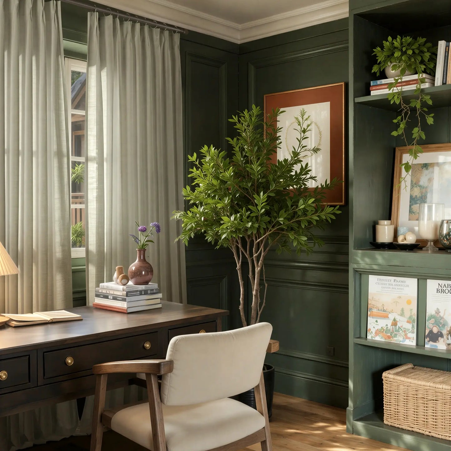 Home office with stone flame retardant  slub curtains a desk, chair, and bookshelf