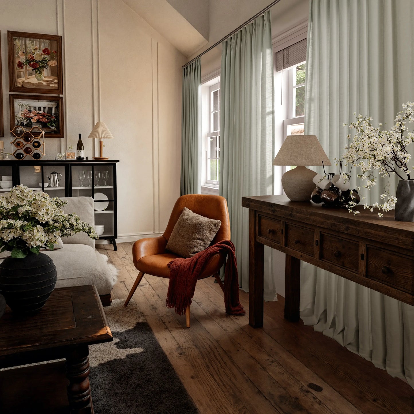 Cozy living room with wooden furniture, pebble curtains, and decorative elements.