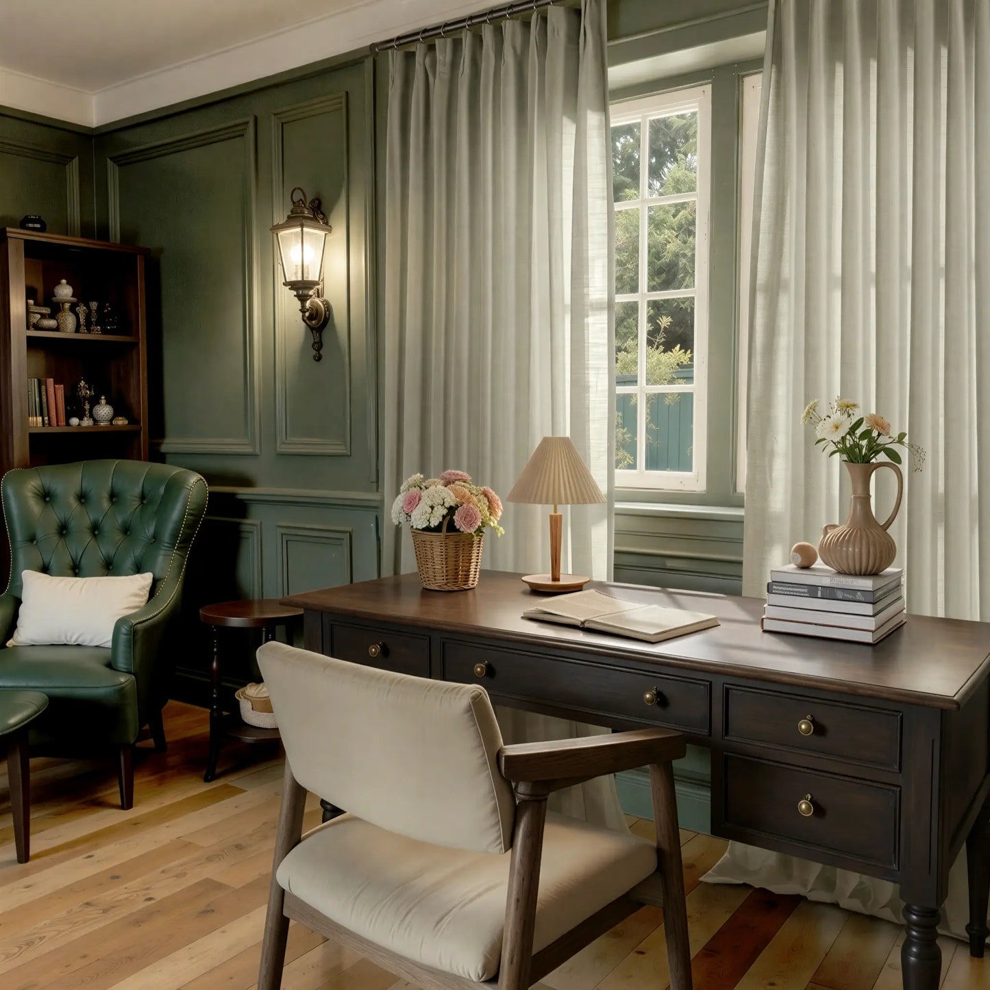 Home office with ash curtains, a desk, chair, and decorative elements.
