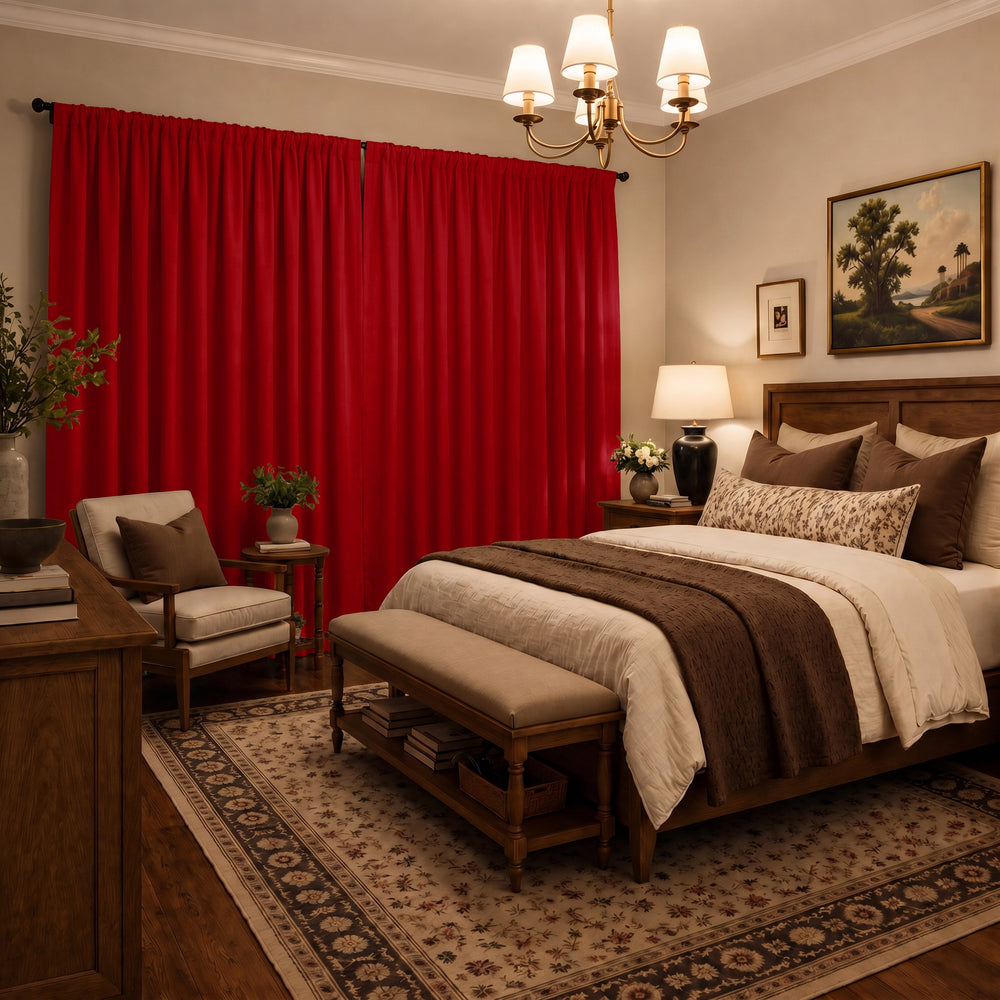 A styled bedroom interior featuring a pair of floor-length red curtains as the focal point, with a wooden bed, beige upholstered chair, patterned rug, and warm ambient lighting.