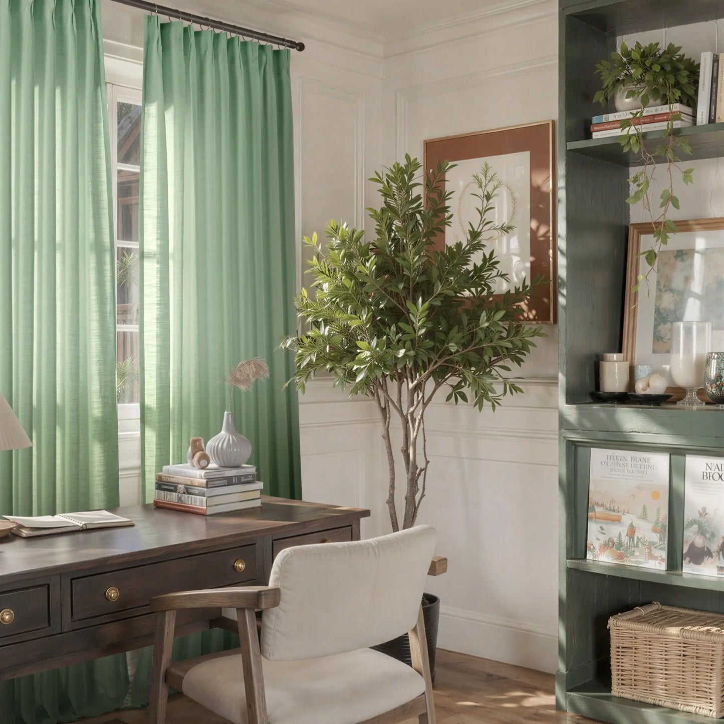 Home office with green curtains, desk, chair, and decorative elements.