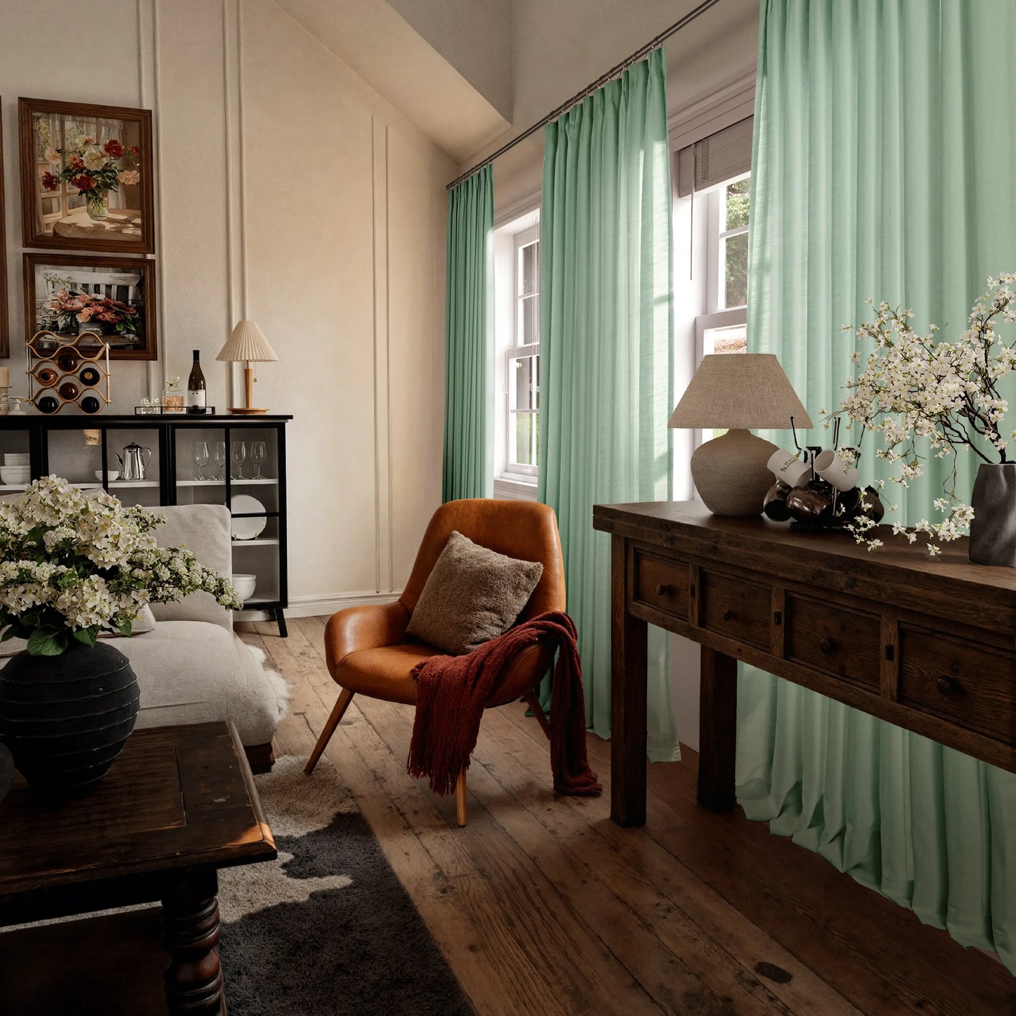 Living room with soft green curtains, wooden furniture, and decorative items.