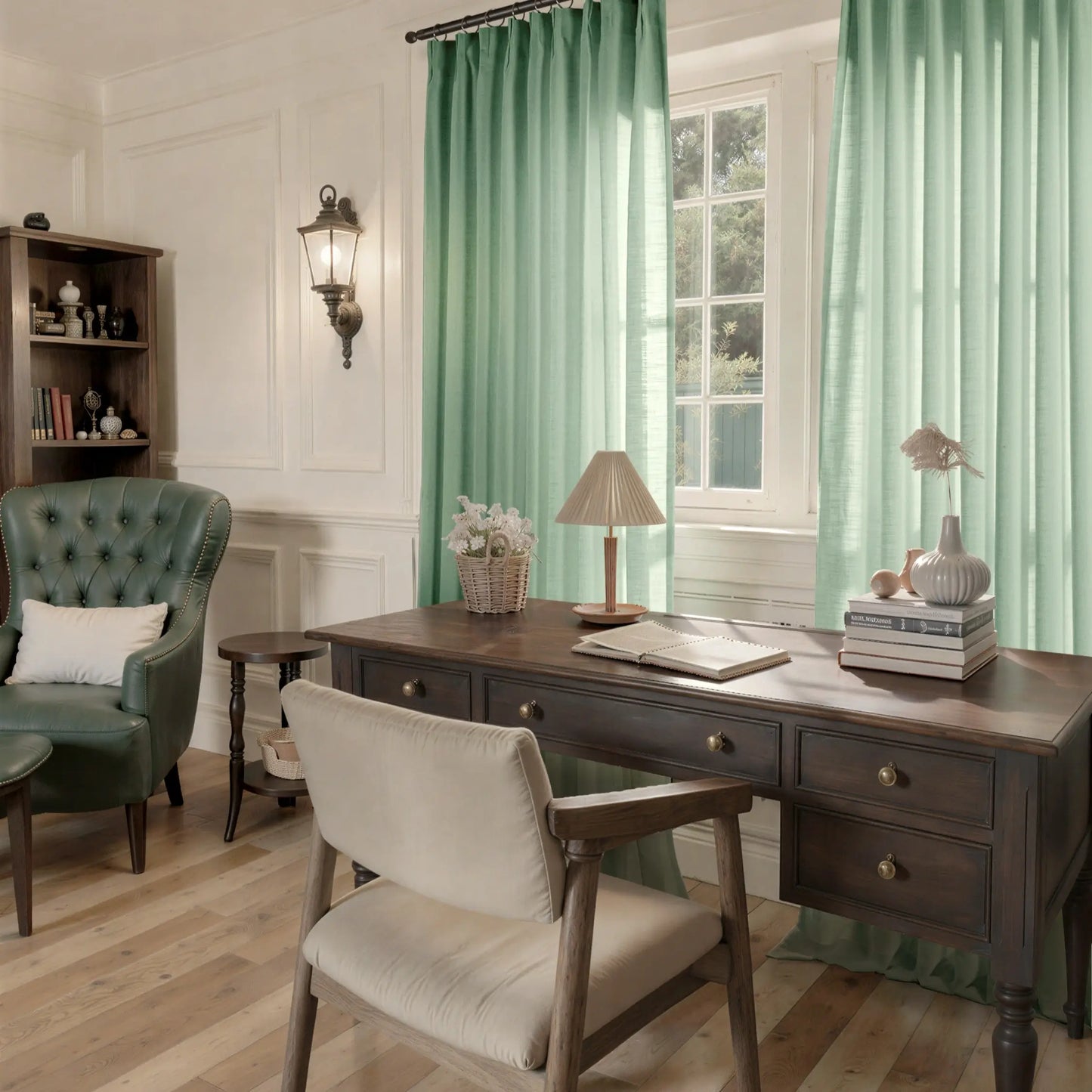 Home office with wooden desk, chair, and moss curtains.