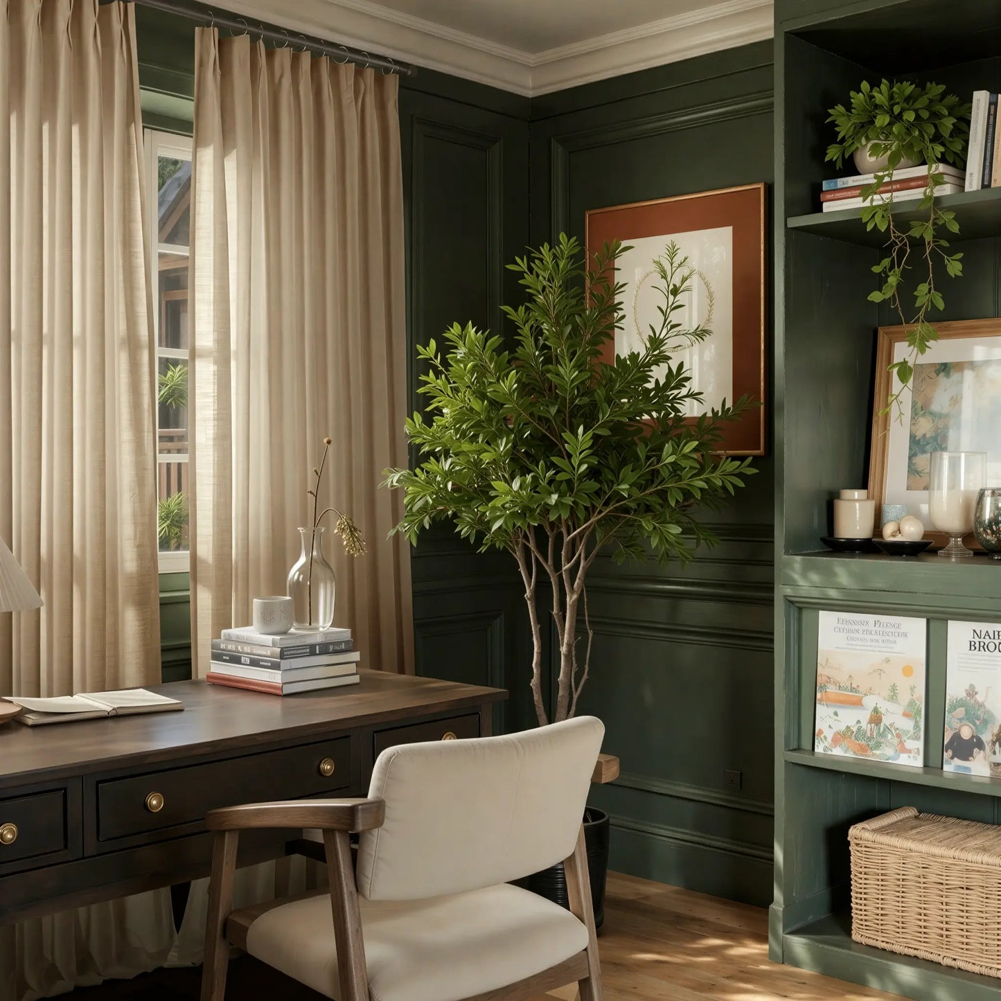 Home office with sand flame retardant  slub curtains a desk, chair, and bookshelf