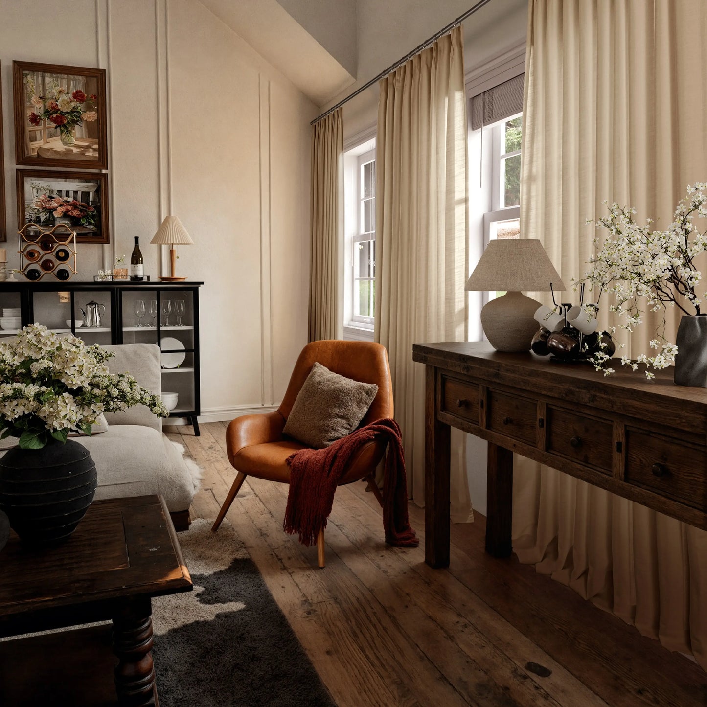 Cozy living room with buff curtains, wooden furniture, curtains, and decorative items.