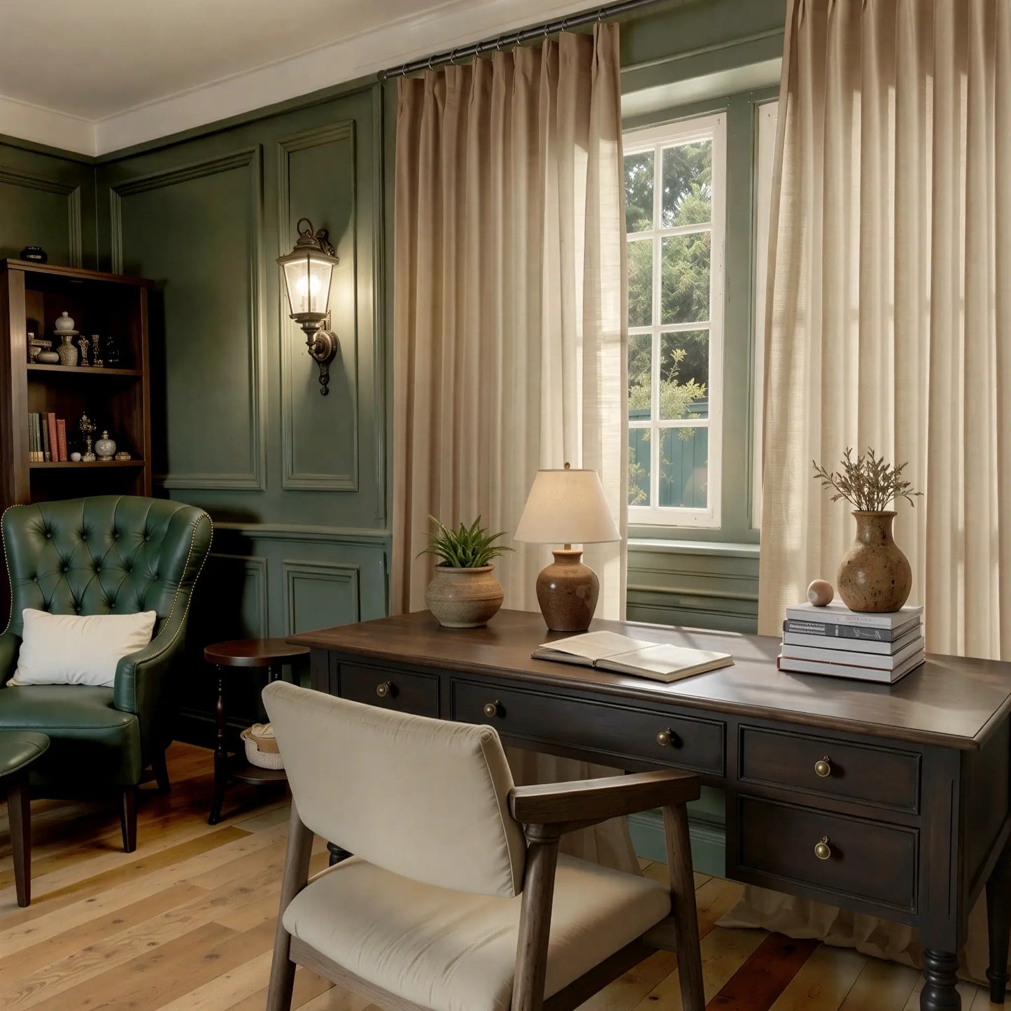 Home office with tana curtains, desk, chairs, and decorative elements.