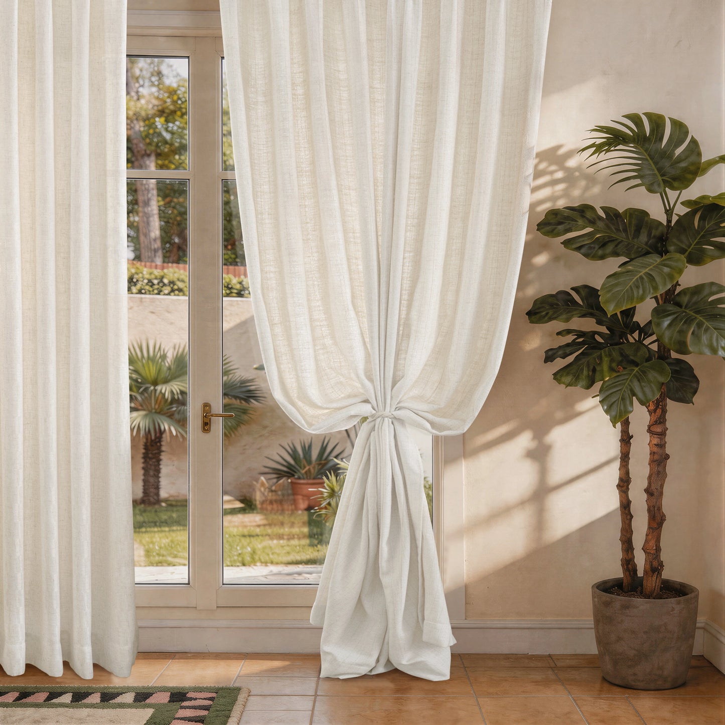 Smooth linen curtains tied back beside a window allowing gentle natural light into the room