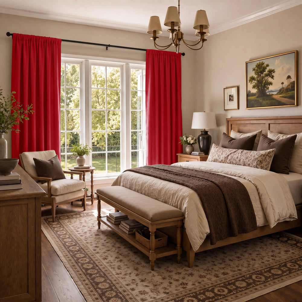 A styled bedroom interior featuring bright red curtains on a large multi-pane window, a wooden bed with beige and brown bedding, a matching upholstered chair, a bench at the foot of the bed, and a patterned area rug.