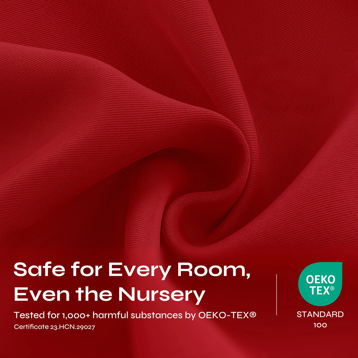 A close-up of red fabric with a subtle ribbed texture, arranged in a central swirl to show its drape and color.