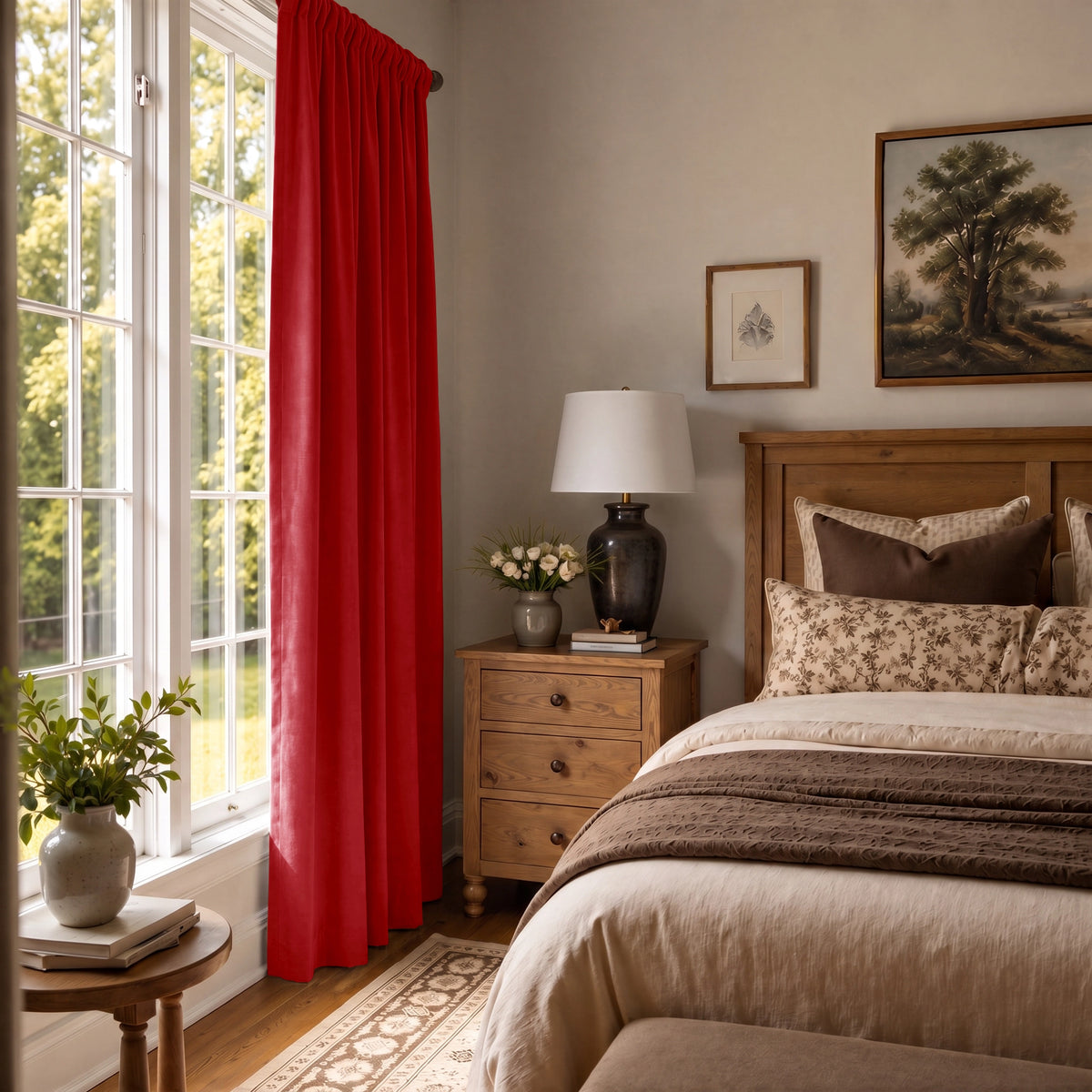 A bright red curtain panel hanging beside a large white-framed window in a styled bedroom with beige bedding, a wooden nightstand, and framed wall art.