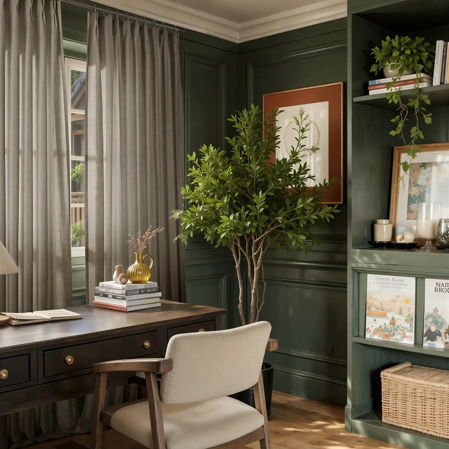 Home office with taupe flame retardant  slub curtains a desk, chair, and bookshelf