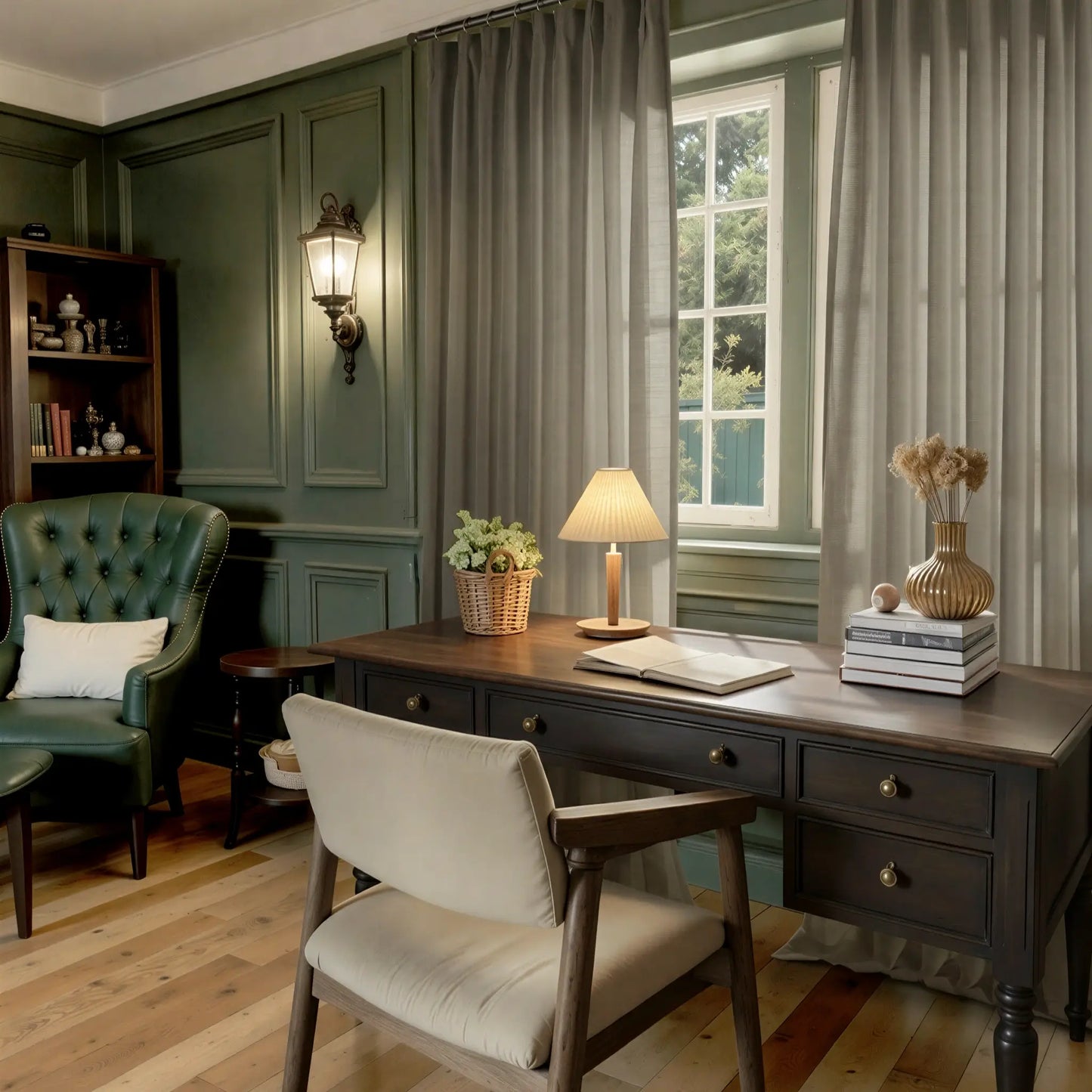 Home office with mushroom curtains, a desk, chair, and bookshelf in a room with wooden flooring and large windows.