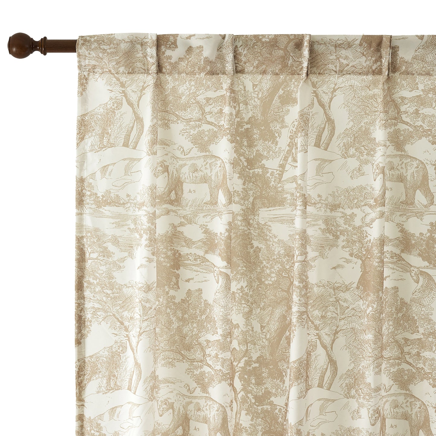 Close-up of espresso toile voile back tab curtain fabric, semi-sheer weave with artistic motif.