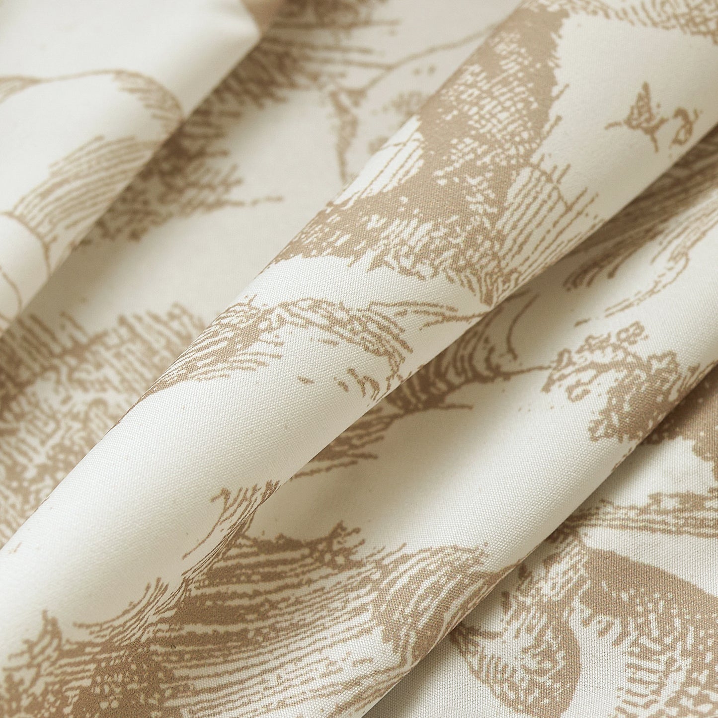 Detailed fabric texture of coffee toile gauzy curtain, woven lightweight textile highlighting traditional elegance.
