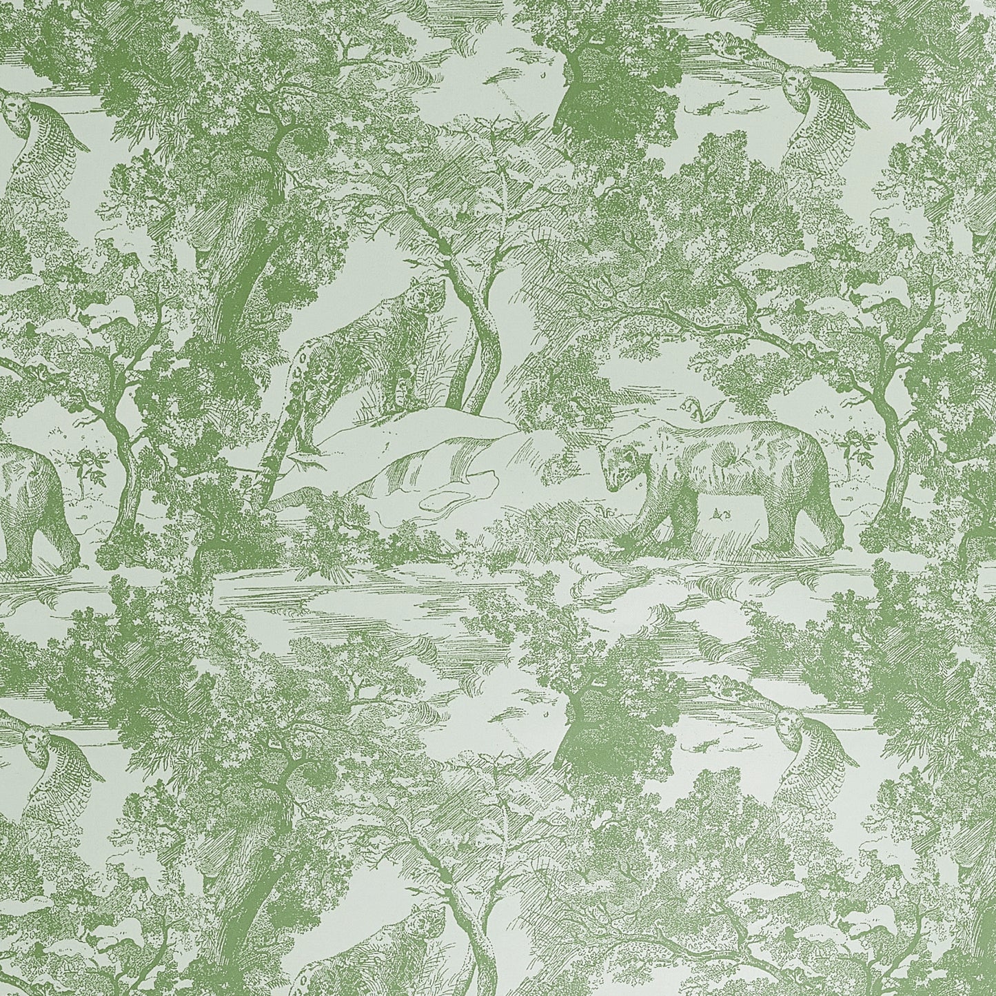 Flat lay of toile curtain fabric with detailed scenic illustrations and a soft woven finish