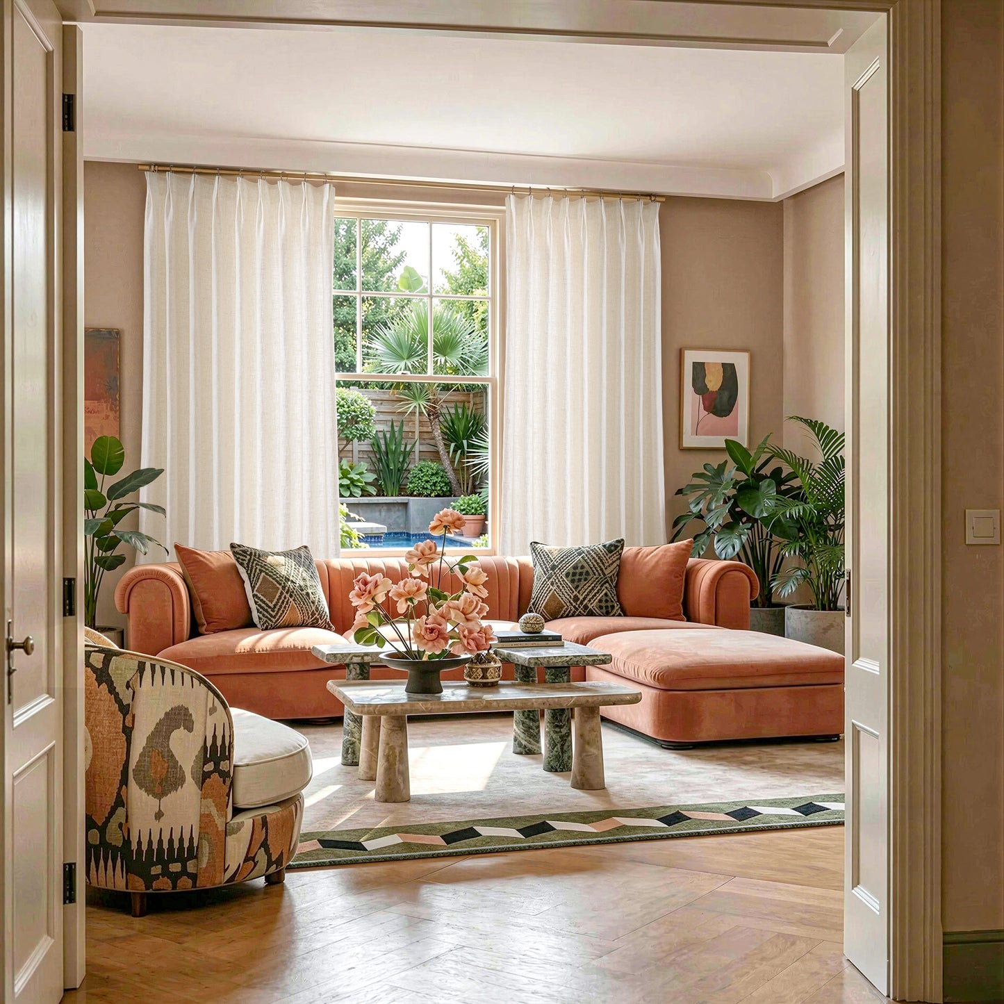 Vertical block pattern linen curtains seen through a doorway creating a balanced and modern interior