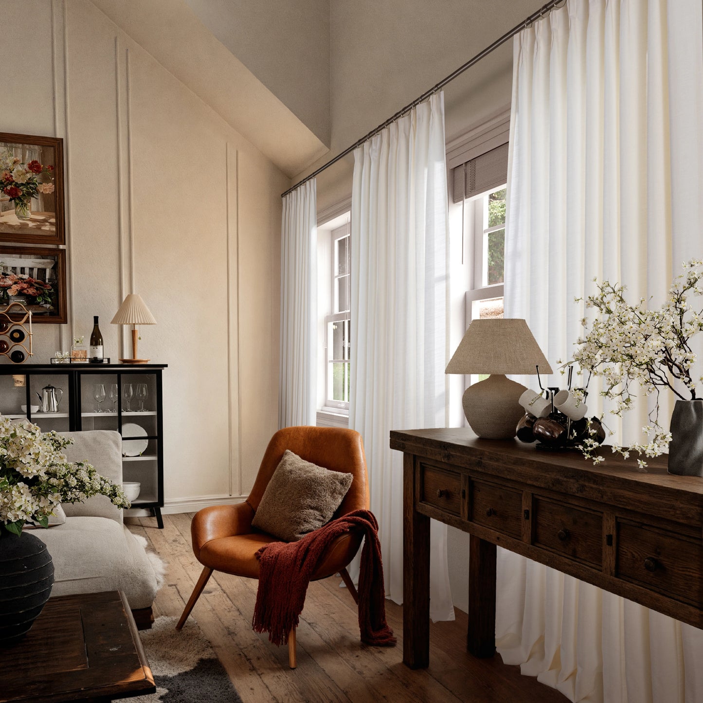 Living room with a brown chair, wooden console table, and cream fire-protective slub curtains made of polyester.
