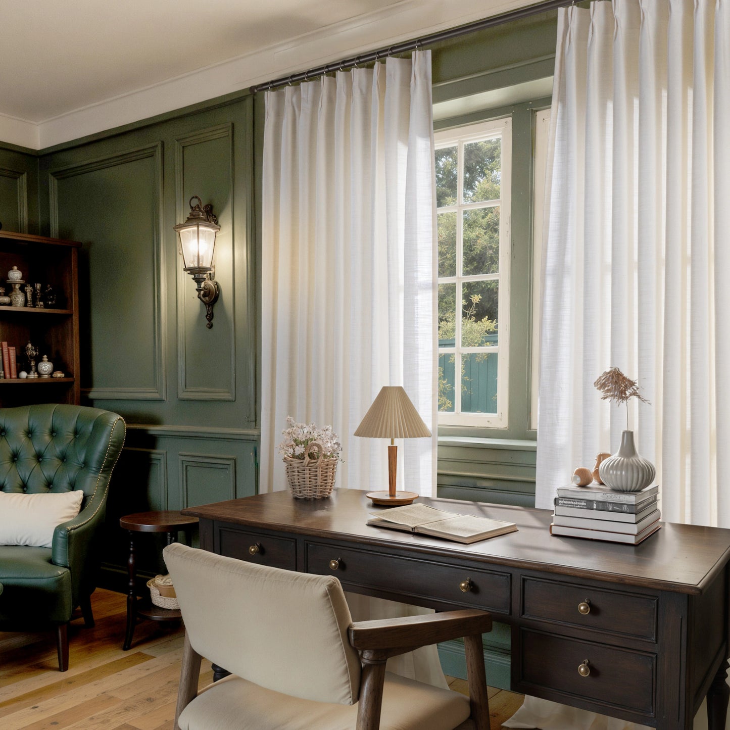 In the study, a desk, chair, armchair, and windows with off-white 100% polyester flame-retardant textured curtains.