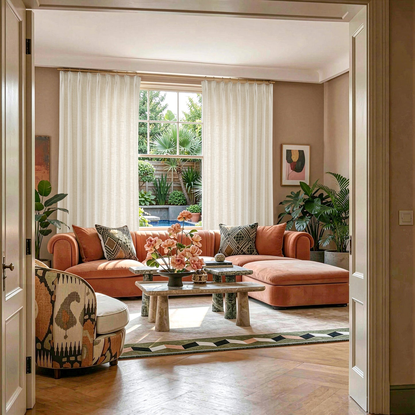 Woven linen curtains in a cozy living room featuring a rich textured and natural appearance
